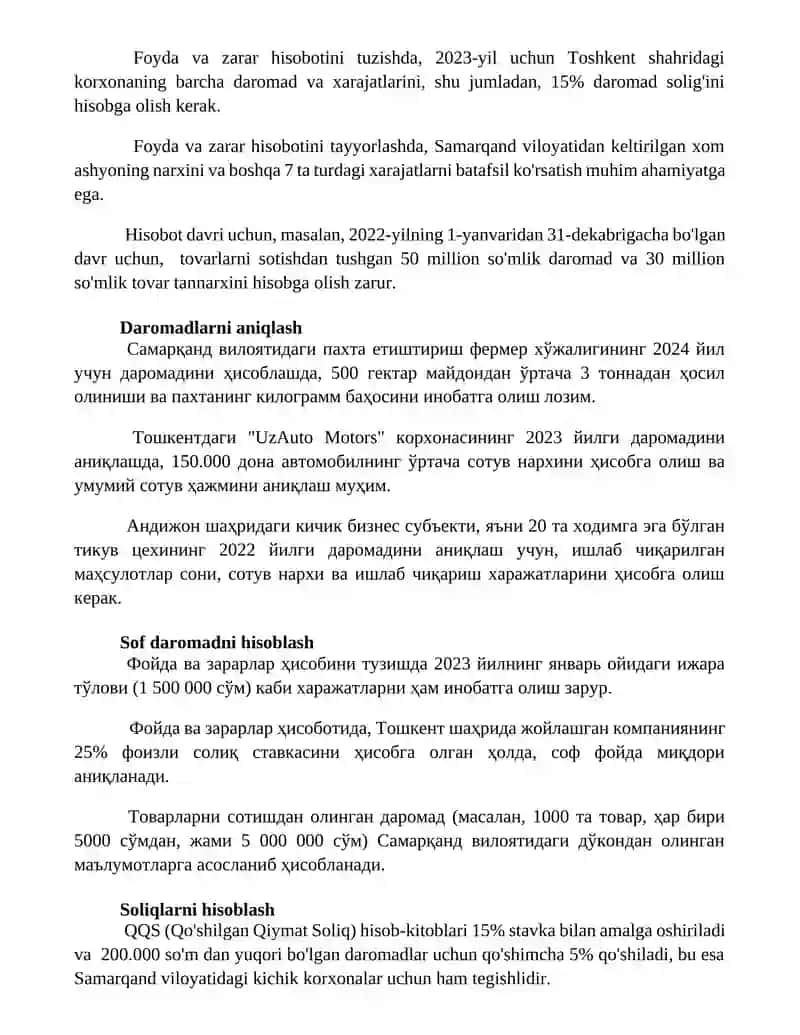 Foyda va zararlar hisobini yaratish tartibi 2