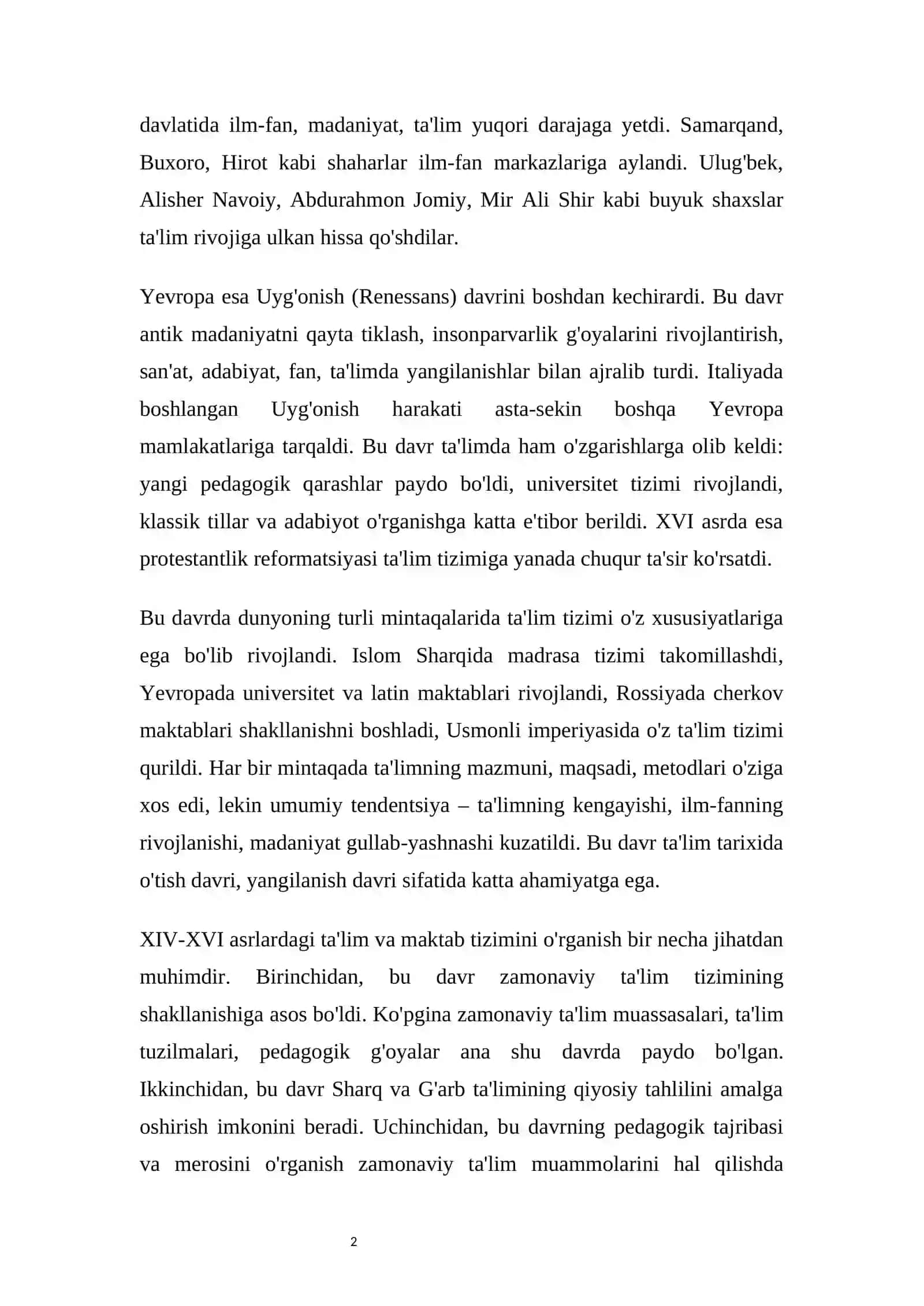 XIV asrning ikkinchi yarmida XVI asrgacha ta'lim va maktab 2
