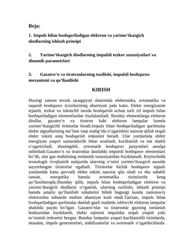 IMPULS BILAN BOSHQARILADIGAN ELEKTRON VA YARIM O’TKAZGICH DIODLAR. GAZATRON, TIRATRON, TIRISTOR. 2
