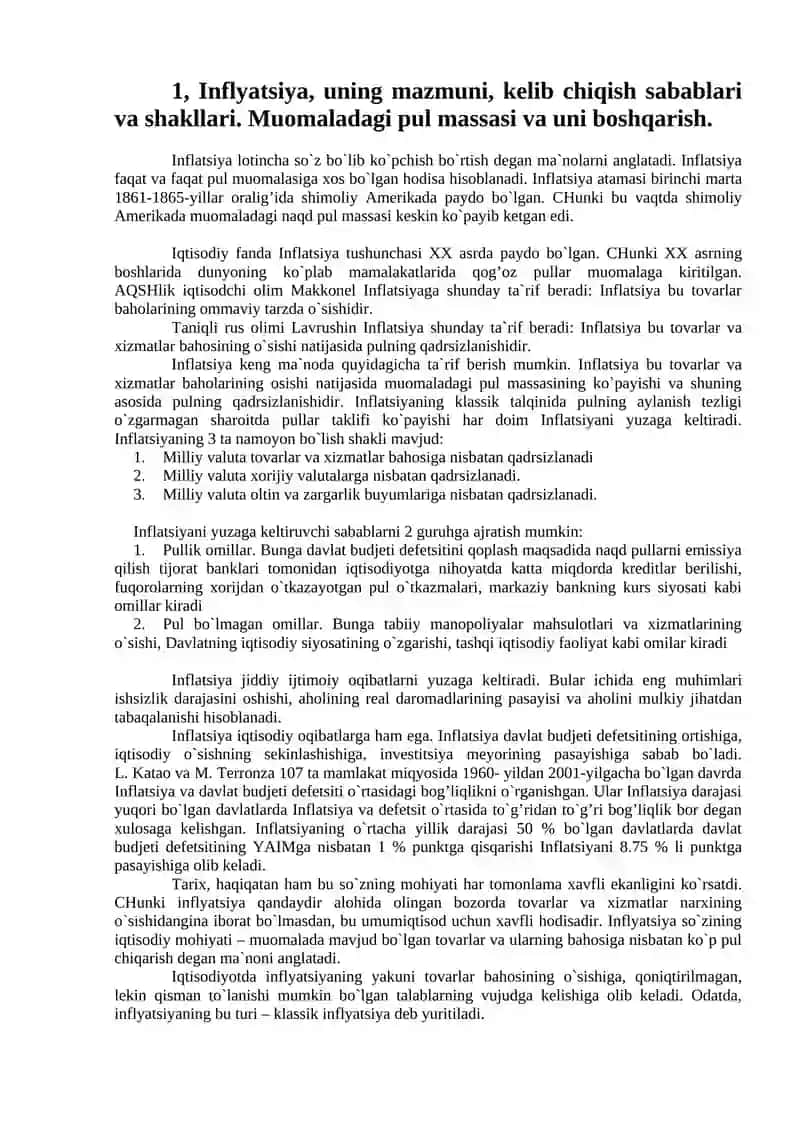 Inflyatsiya va uning turlari. 2