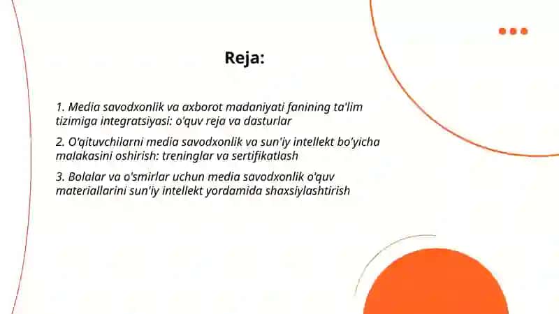 Yangi O'zbekistonda 'Media savodxonlik va axborot madaniyati' fanini o'rni va ahamiyati. Ta'limda sun'iy intellekt: muammo va istiqbollar 2