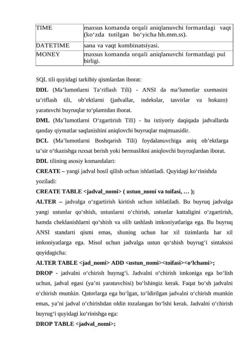 SQL tilida jadvallar yaratish, o‘zgartirish va o‘chirish 2