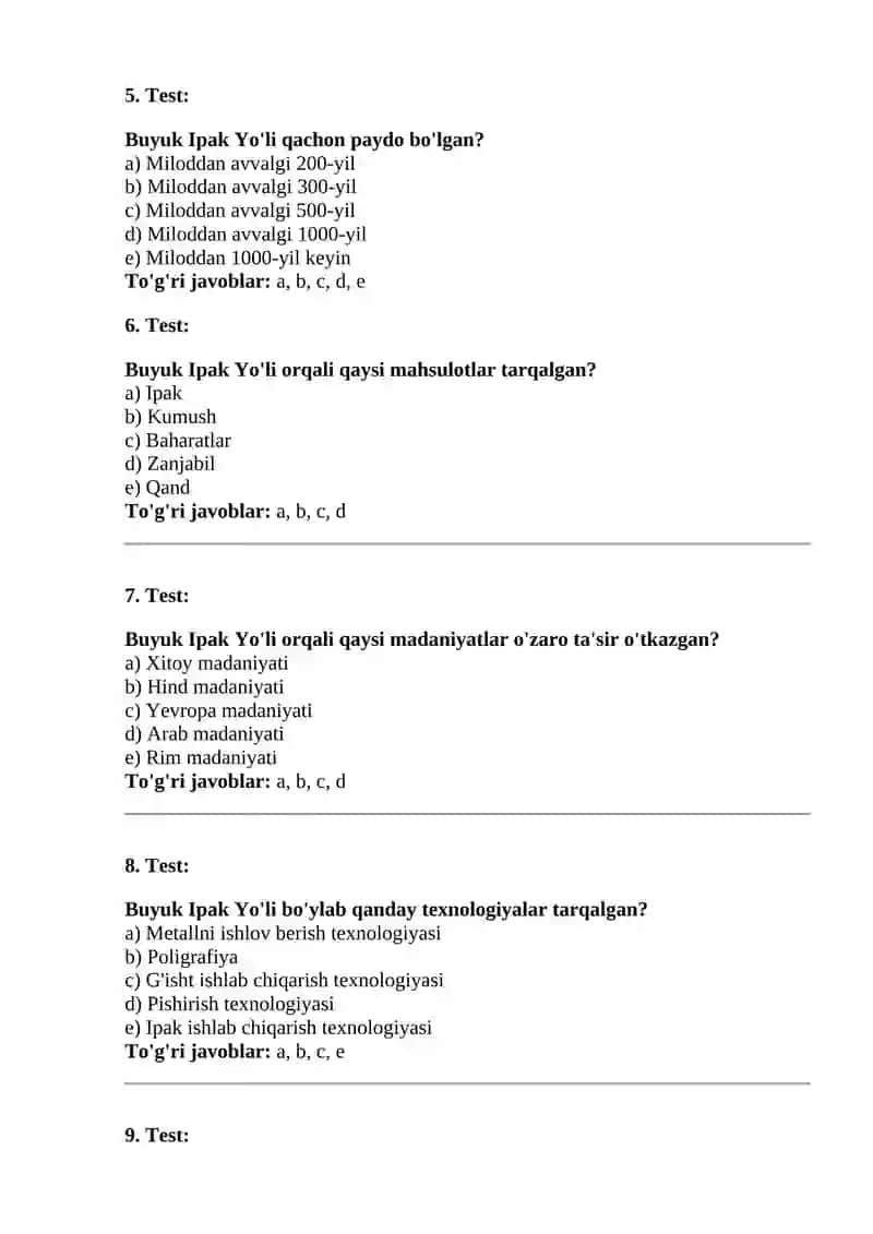 Buyuk Ipak Yo'li test savollari . javobi bilan 2