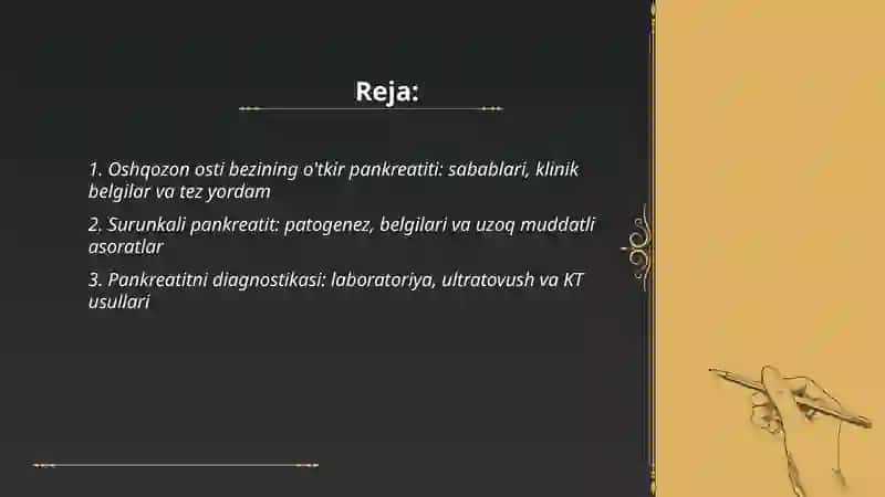 Oshqozon osti bezining yalligʻlanishi,Ingichka va yoʻğon ichak kasalliklari,gepatitlar,gigar tsirrozlari,sabablari, klinikasi, davolash va profilaktikasi 2