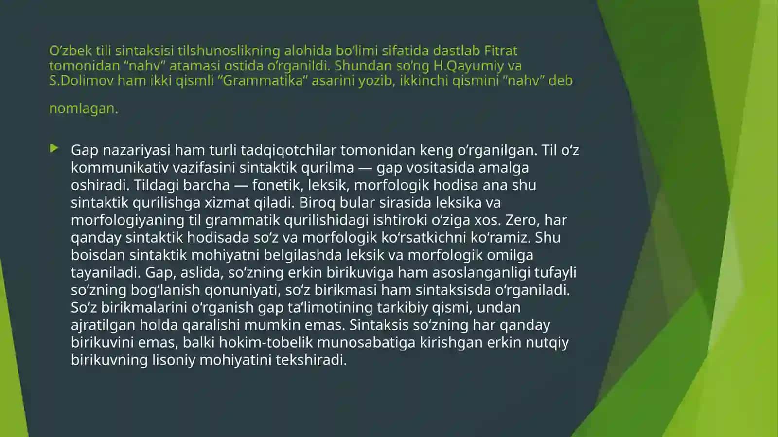 O’zbek tilshunosligida sintaksisning  o’rganilishi 2