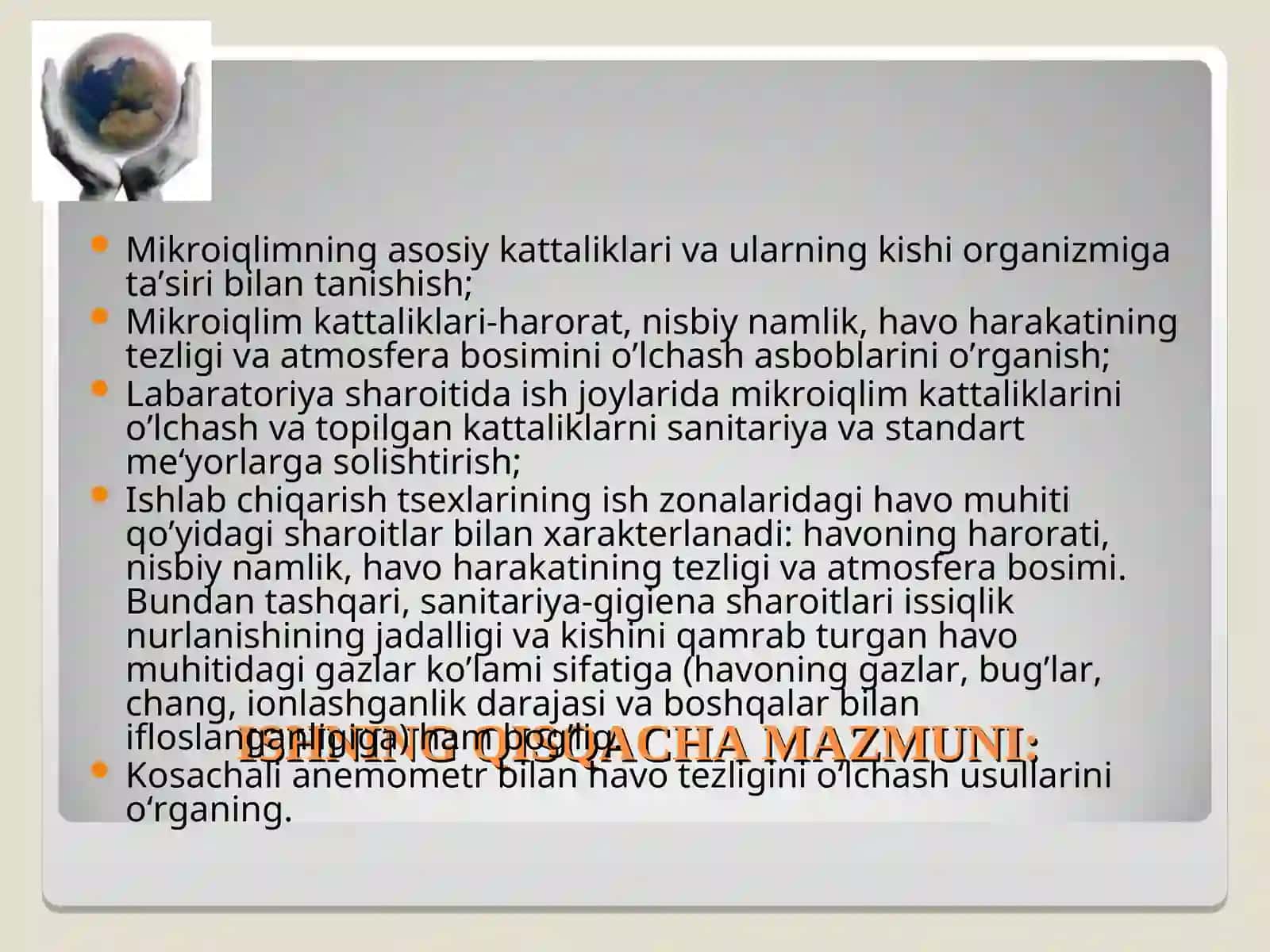 Mikroiqlim sharoitlarini tadqiq qilish 2