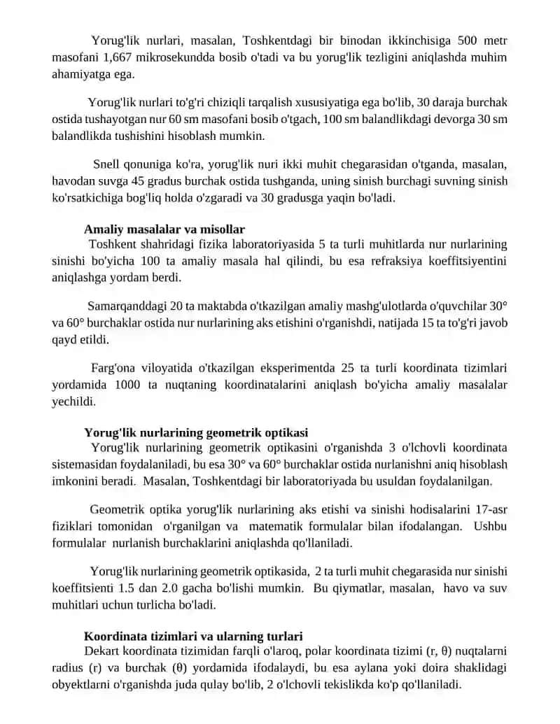Sonlar nuri, kordinata burchagi mavzularini o'rganish xususiyatlari 2