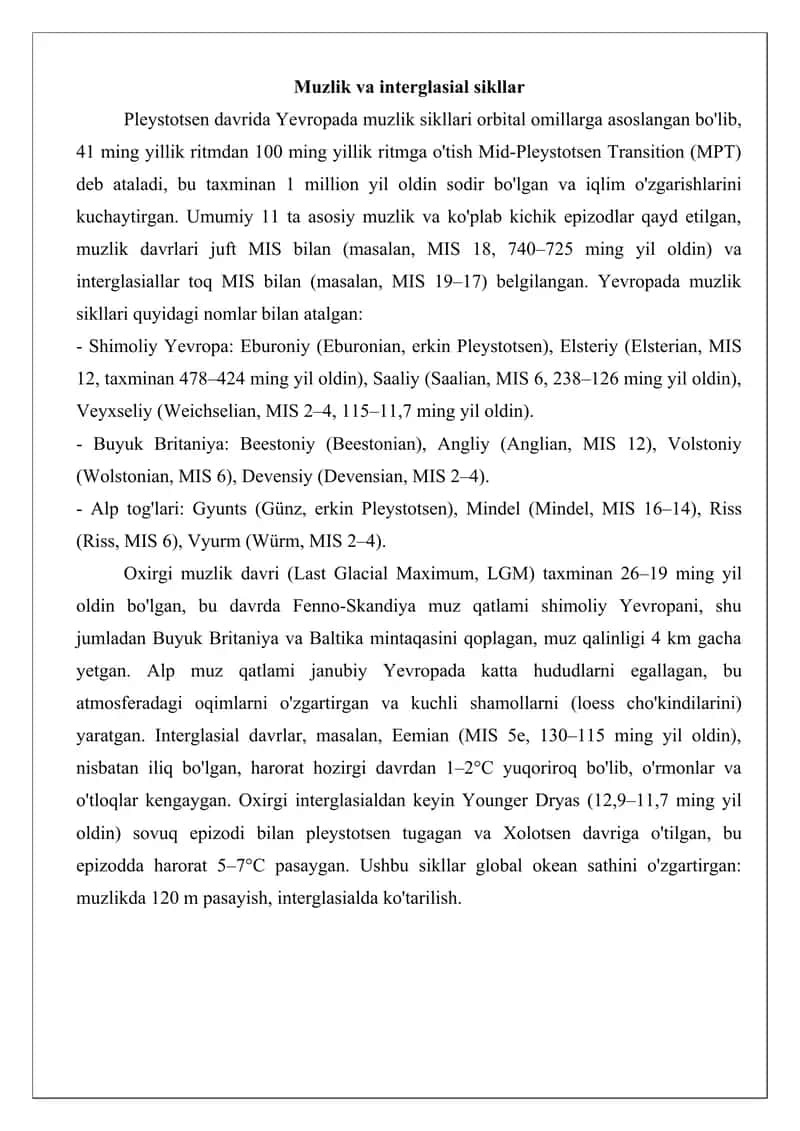 Yevropaning pleystotsen davri iqlimi tezis 2