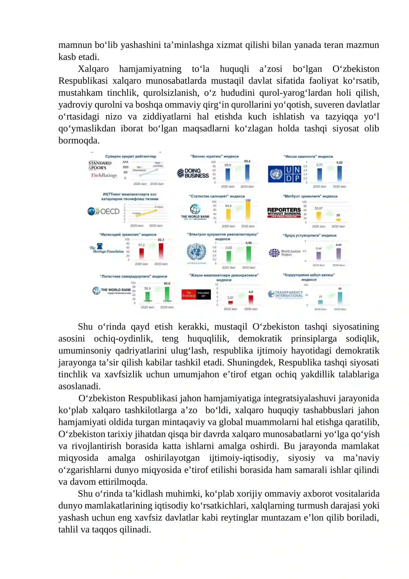 9-mavzu: Yangi O‘zbekiston ijtimoiy-siyosiy, iqtisodiy va madaniy hayotida roʻy berayotgan oʻzgarishlarning xalqaro reyting va indekslarda aks etishi 2