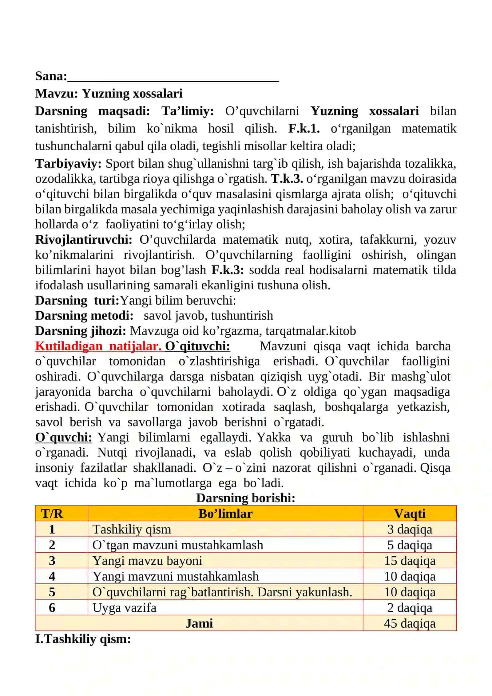 Yuzning xossalari mavzusida 3-sinf Matematika fanidan dars ishlanmasi 2
