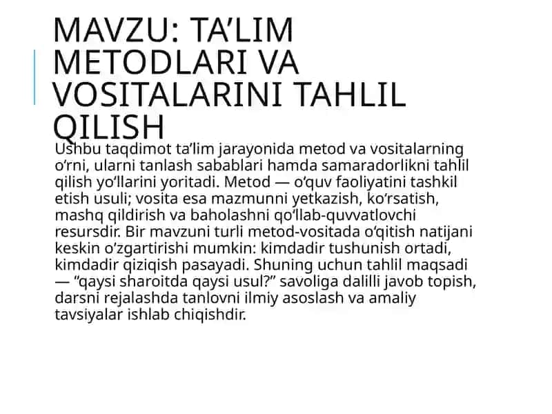 Ta’lim Metodlari va Vositalari Tahlili 2