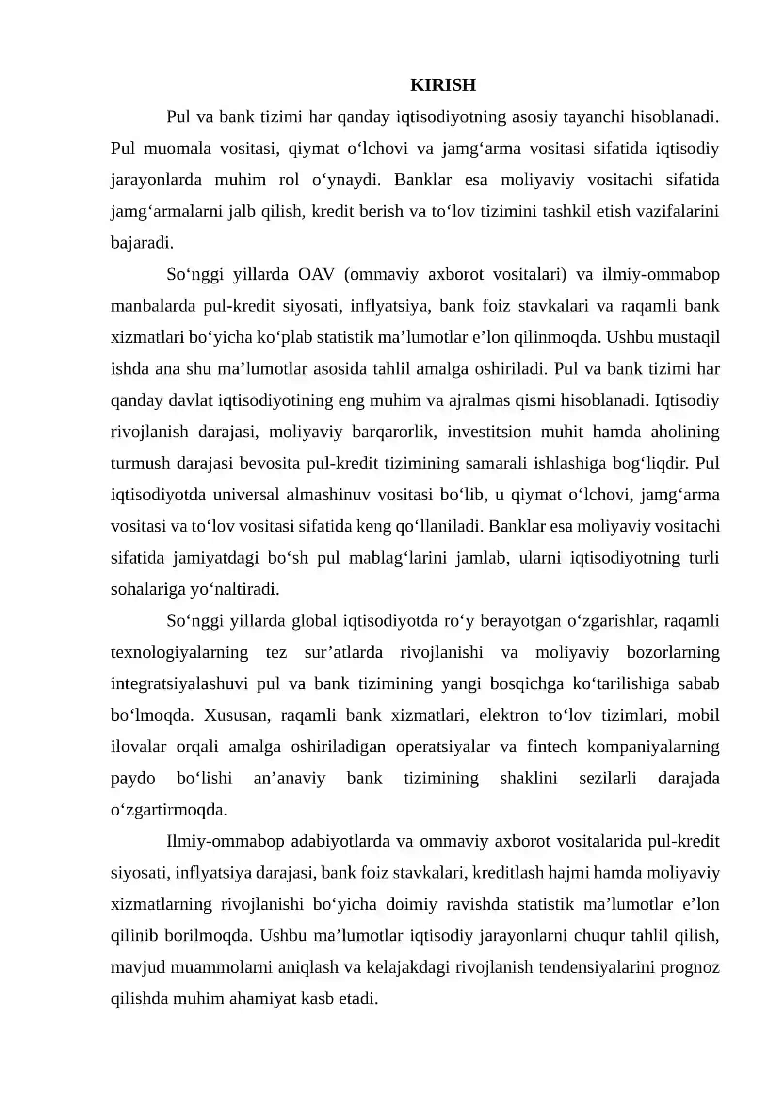 PUL VA BANKLAR BO'YICHA ILMIY-OMMABOP ADABIYOTLAR VA OAV MANBALARI ASOSIDA STATISTIK KUZATISH NATIJALARINI TO'PLASH VA TAHLIL QILISH 2
