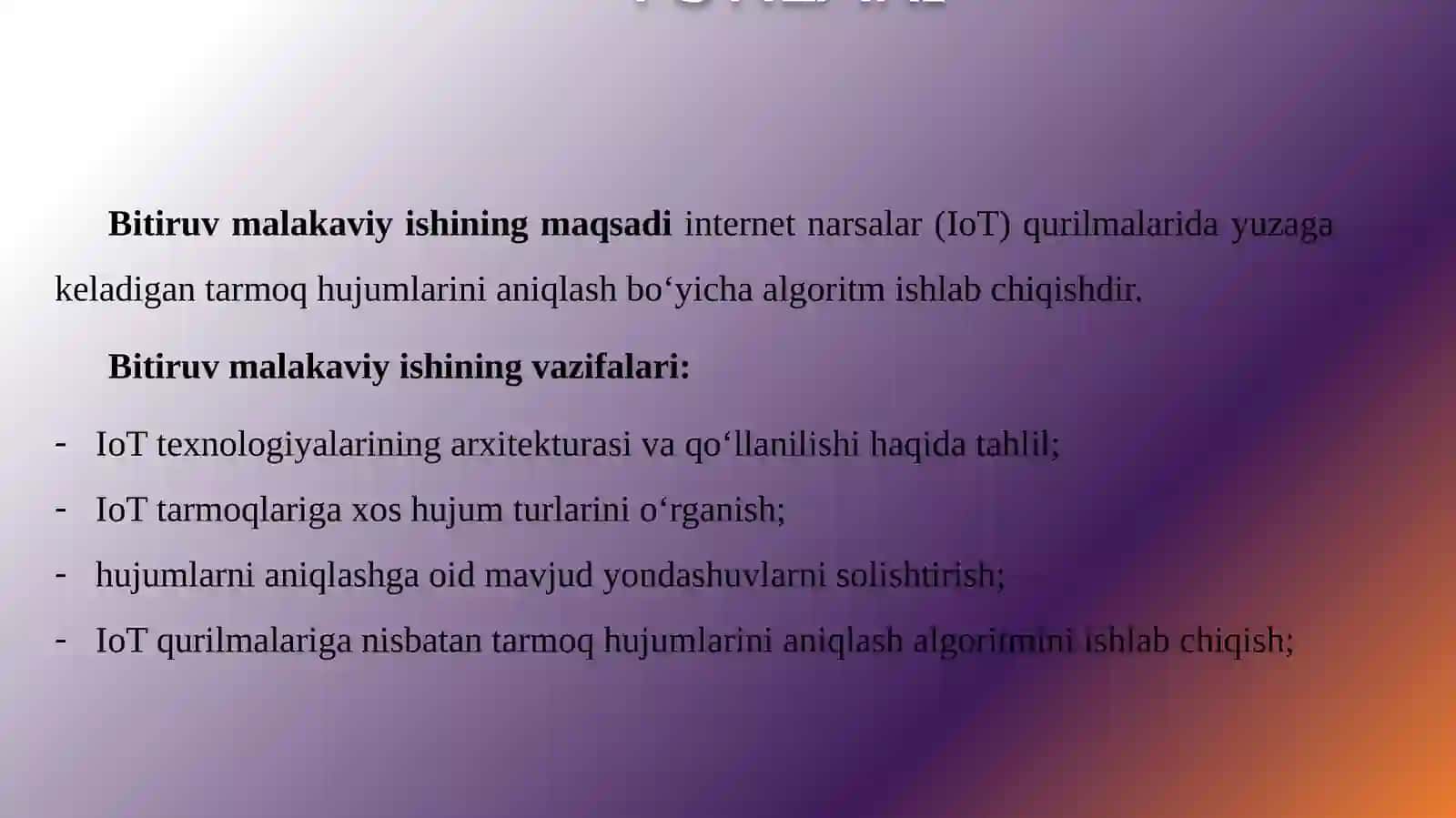 IoT QURILMALARIGA QARATILGAN TARMOQ HUJUMLARINI ANIQLASHALGORITMINI ISHLAB CHIQISH 2