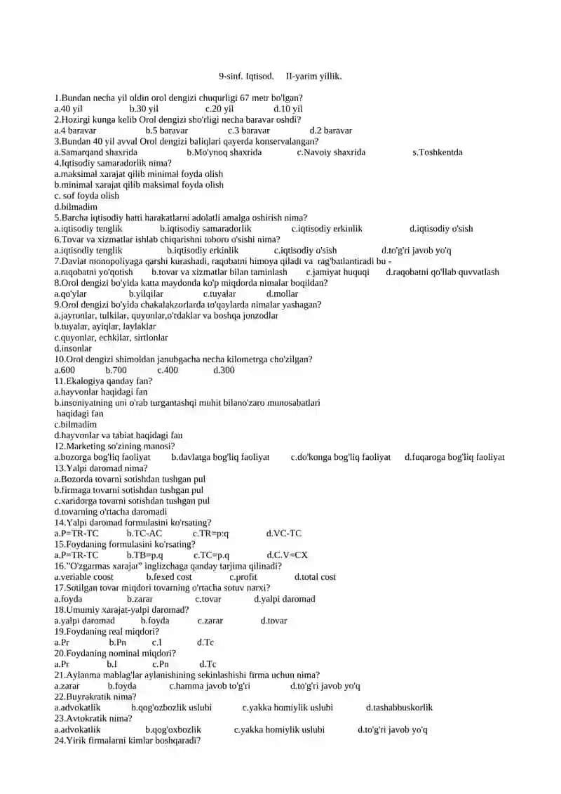 9-sinf. Iqtisod. II-variant 2