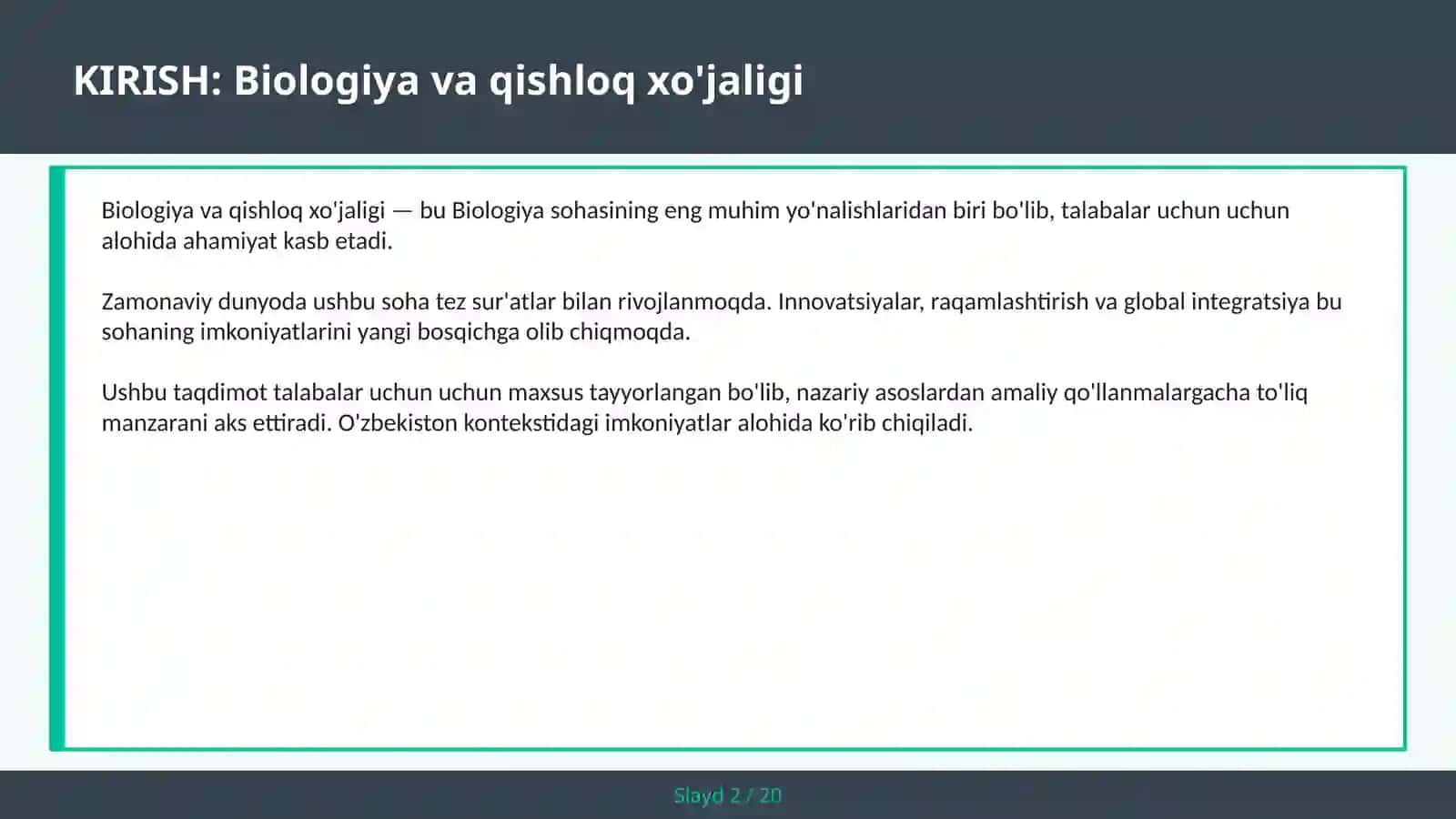 BIOLOGIYA VA QISHLOQ XO'JALIGI 2