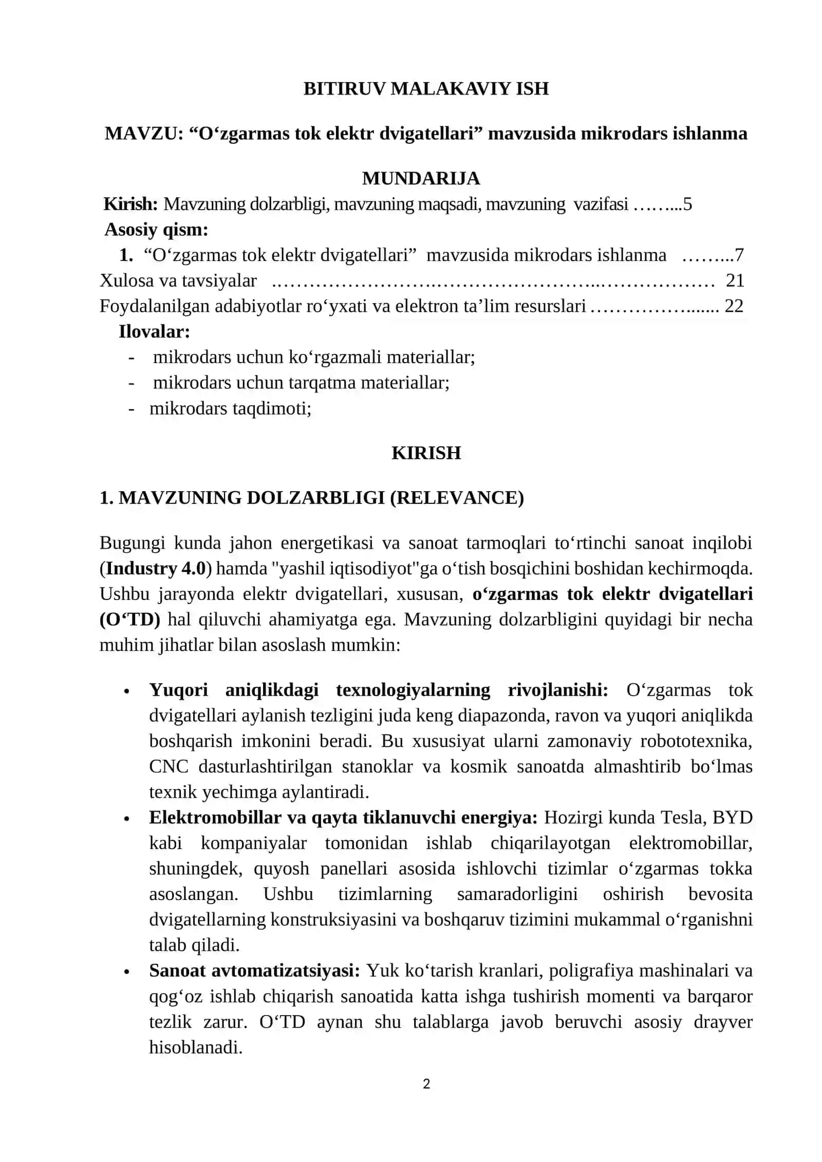 “O’zgarmas tok elektor dvigatellari” mavzusidagi          MIKROD DARS  ISHLANMASI 2