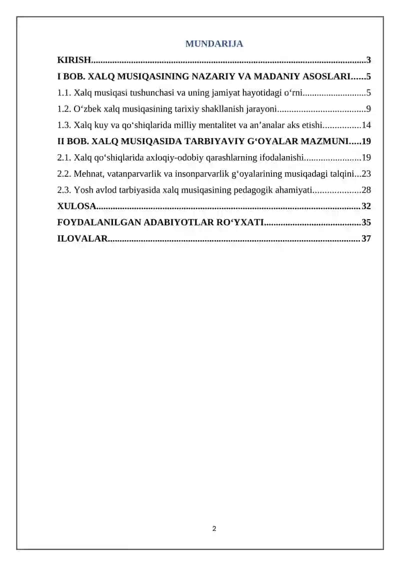 "Xalq musiqasida tarbiyaviy va ma’naviy g’oyalar" KURS ISHI 2