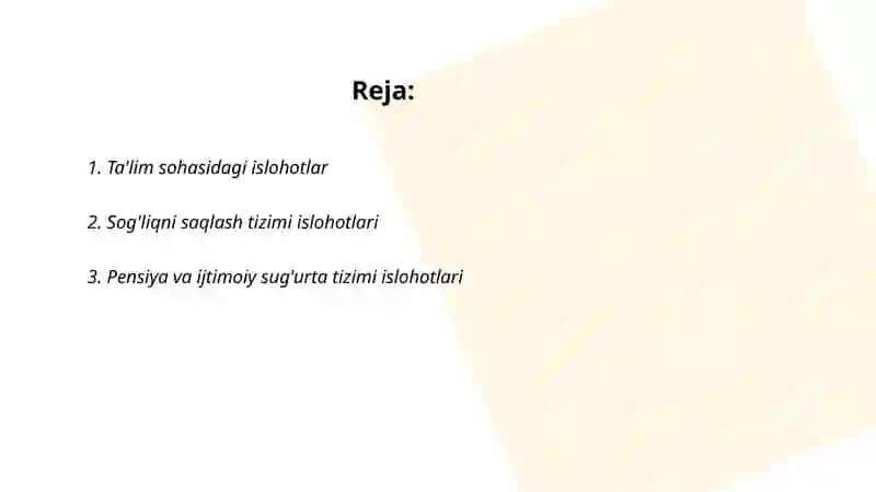 O'zbekiston Respublikasida ijtimoiy sohadagi islohotlar 2
