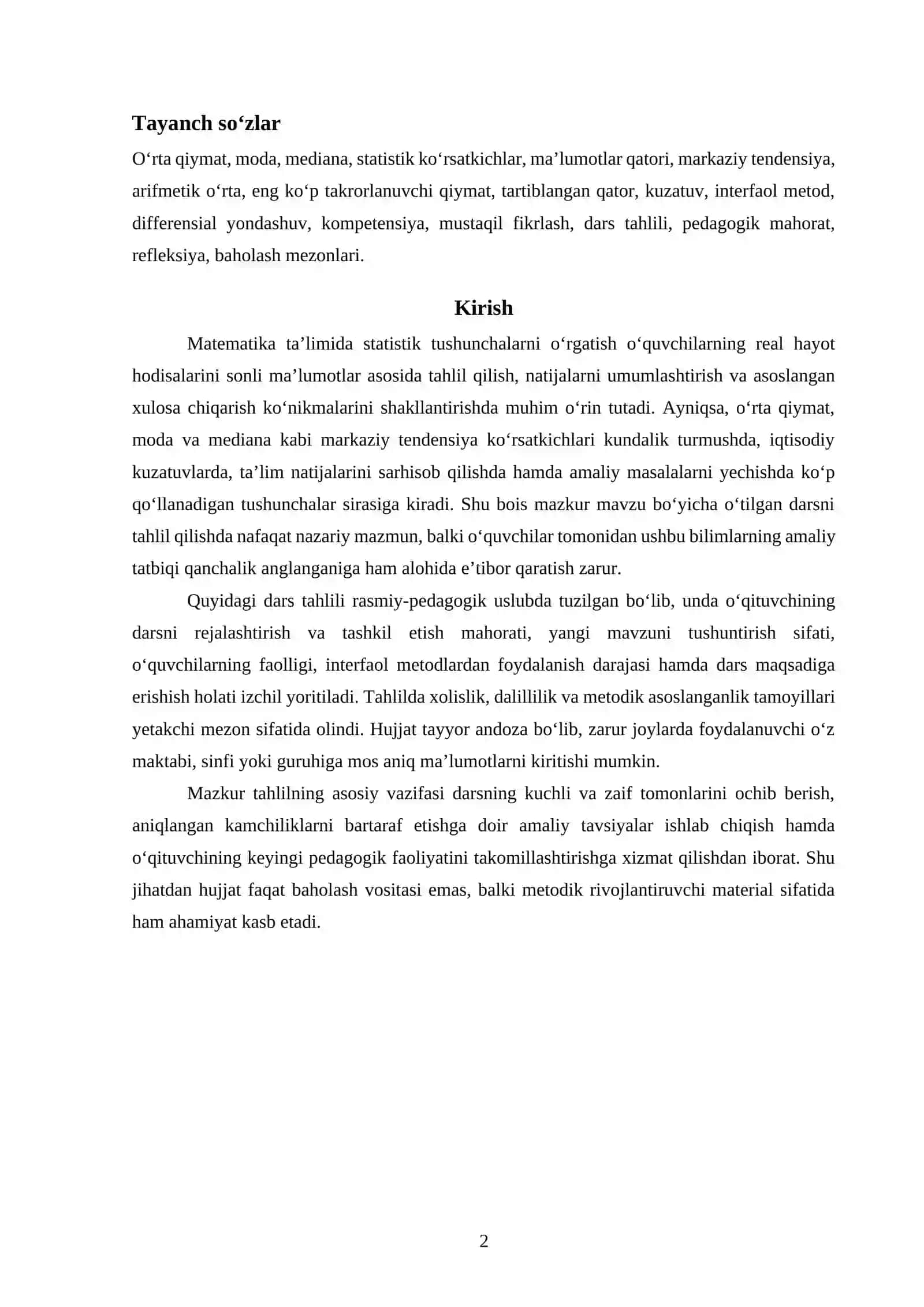 Matematika ta'limi: "O‘rta qiymat, moda va mediana" 2