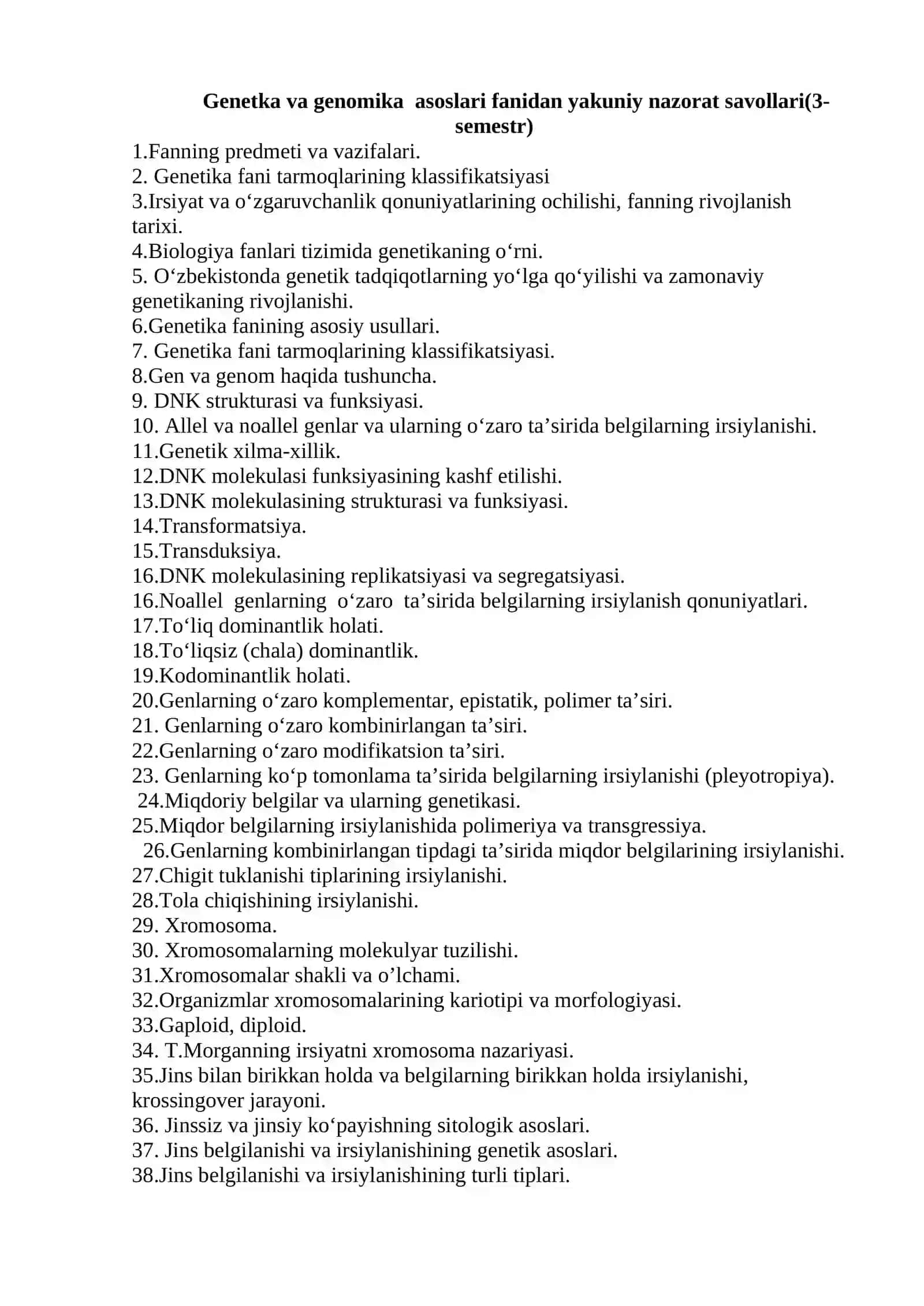 Genetka va genomika asoslari fanidan oraliq nazorat savollari (3-semestr) 2