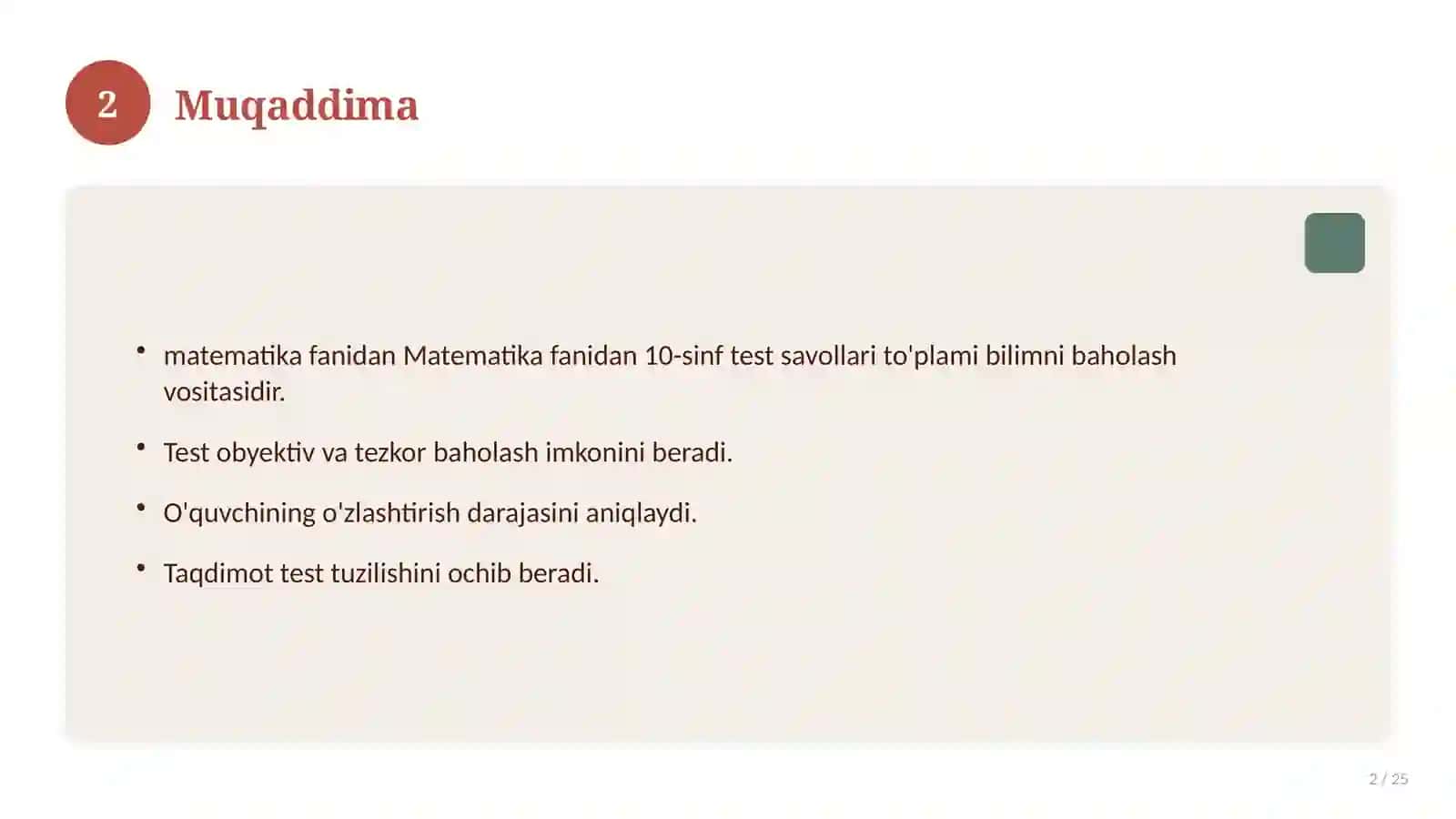 Matematika fanidan 10-sinf test savollari to'plami 2