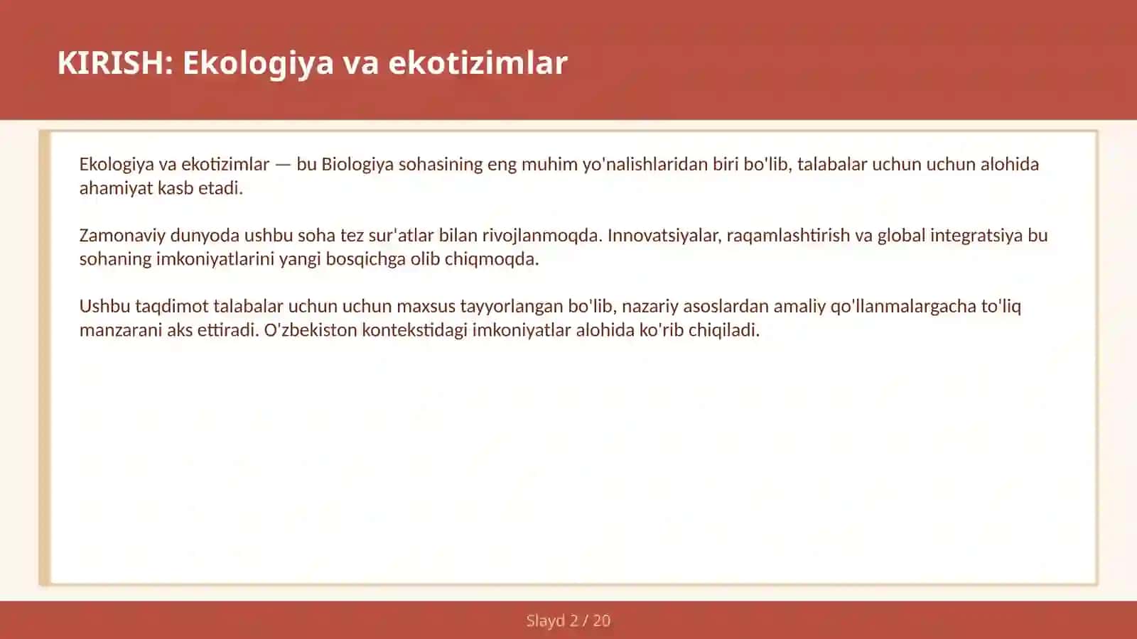 Ekologiya va Ekotizimlar 2