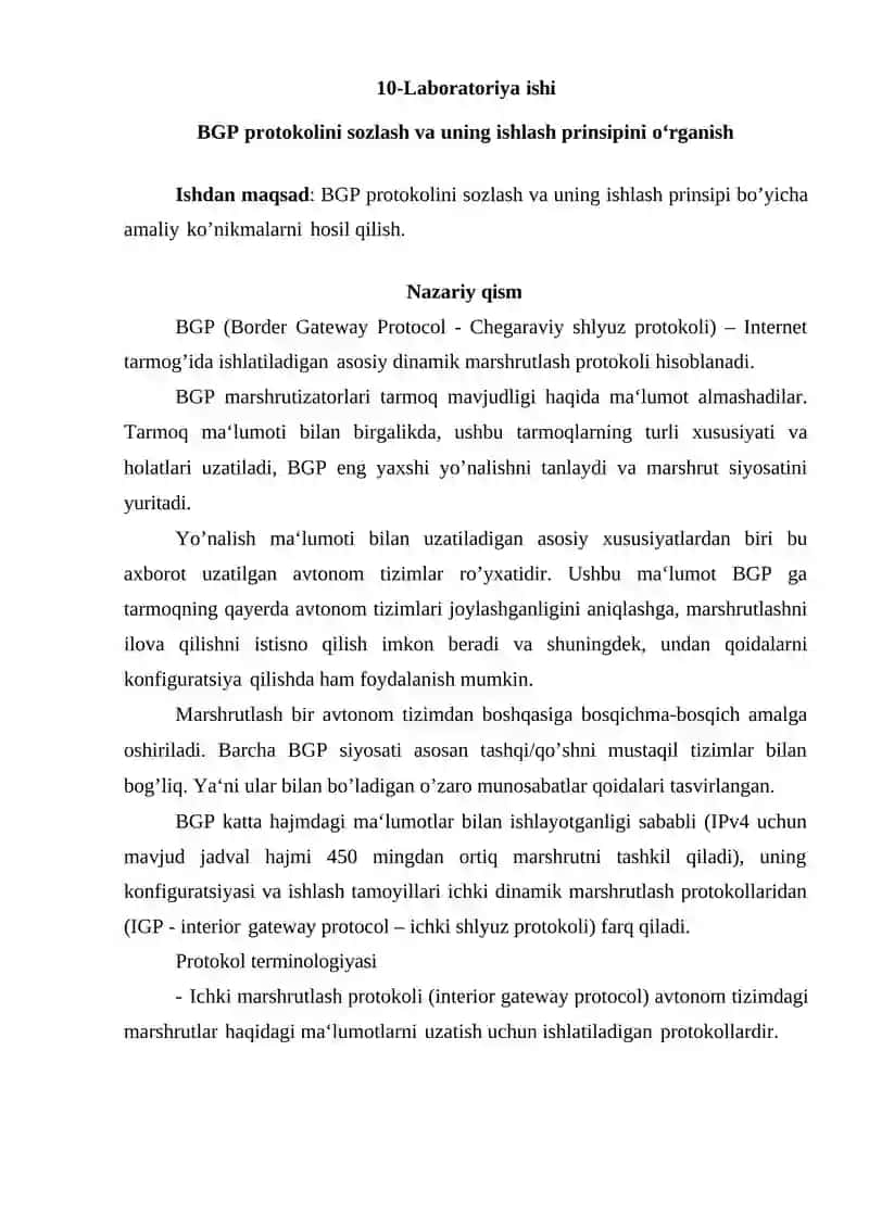 TELEKOMMUNIKATSIYA TEXNOLOGIYALARI Fakulteti Laboratoriya Ishi BGP Protokoli 2