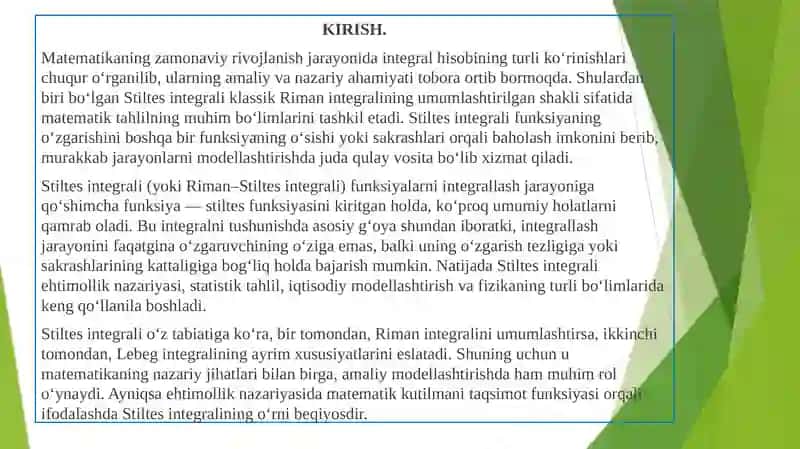 Stiltes integralining nazariy asoslari 2