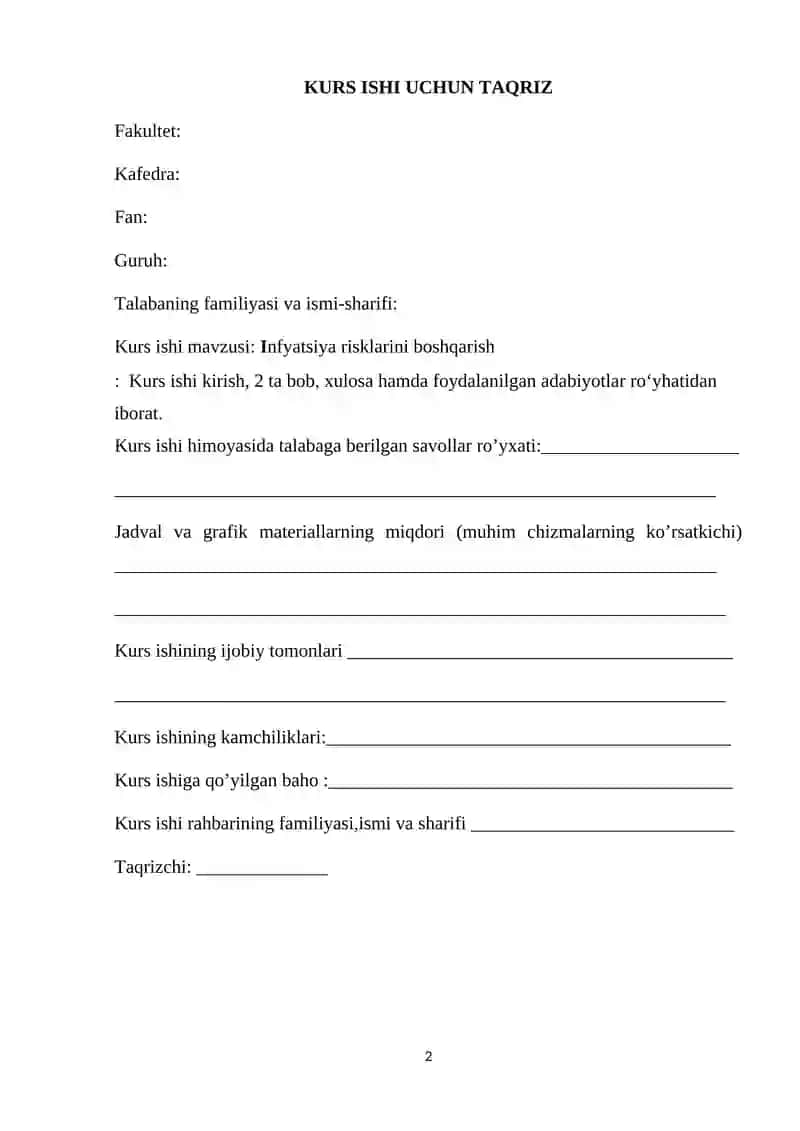 Inflyatsiya risklarini boshqarish. Kurs ishi 2
