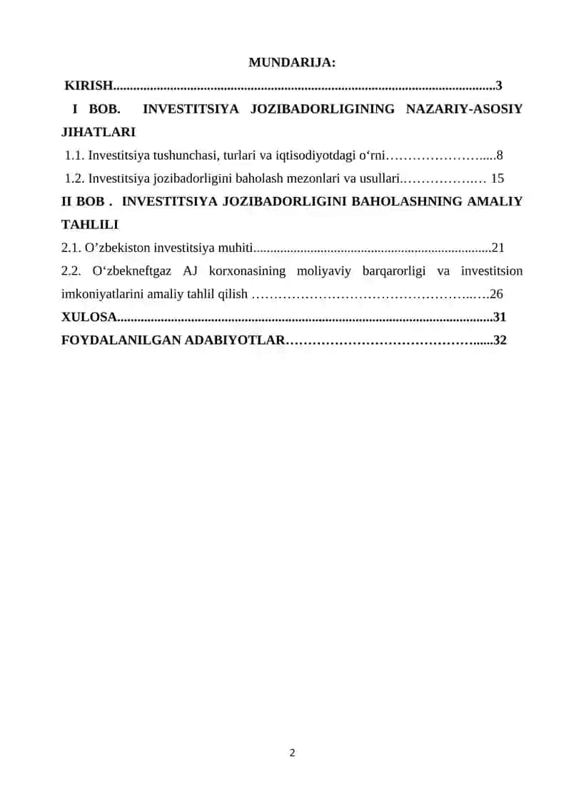 INVESTITSIYA JOZIBADORLIGI VA UNI BAHOLASH 2