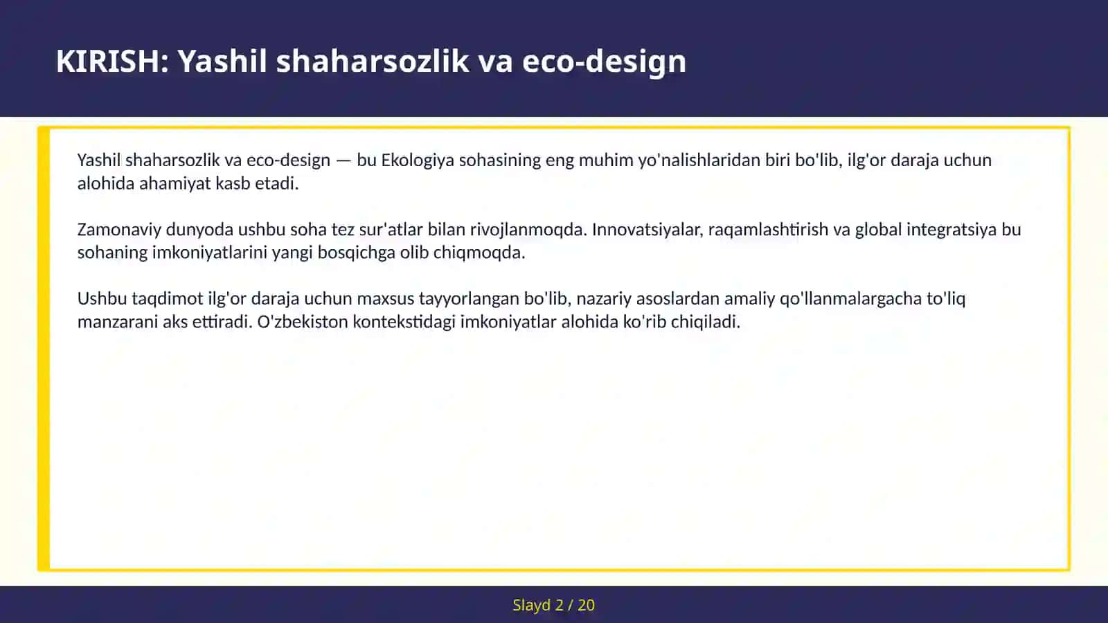 YASHIL SHAHARSOZLIK VA ECO-DESIGN 2
