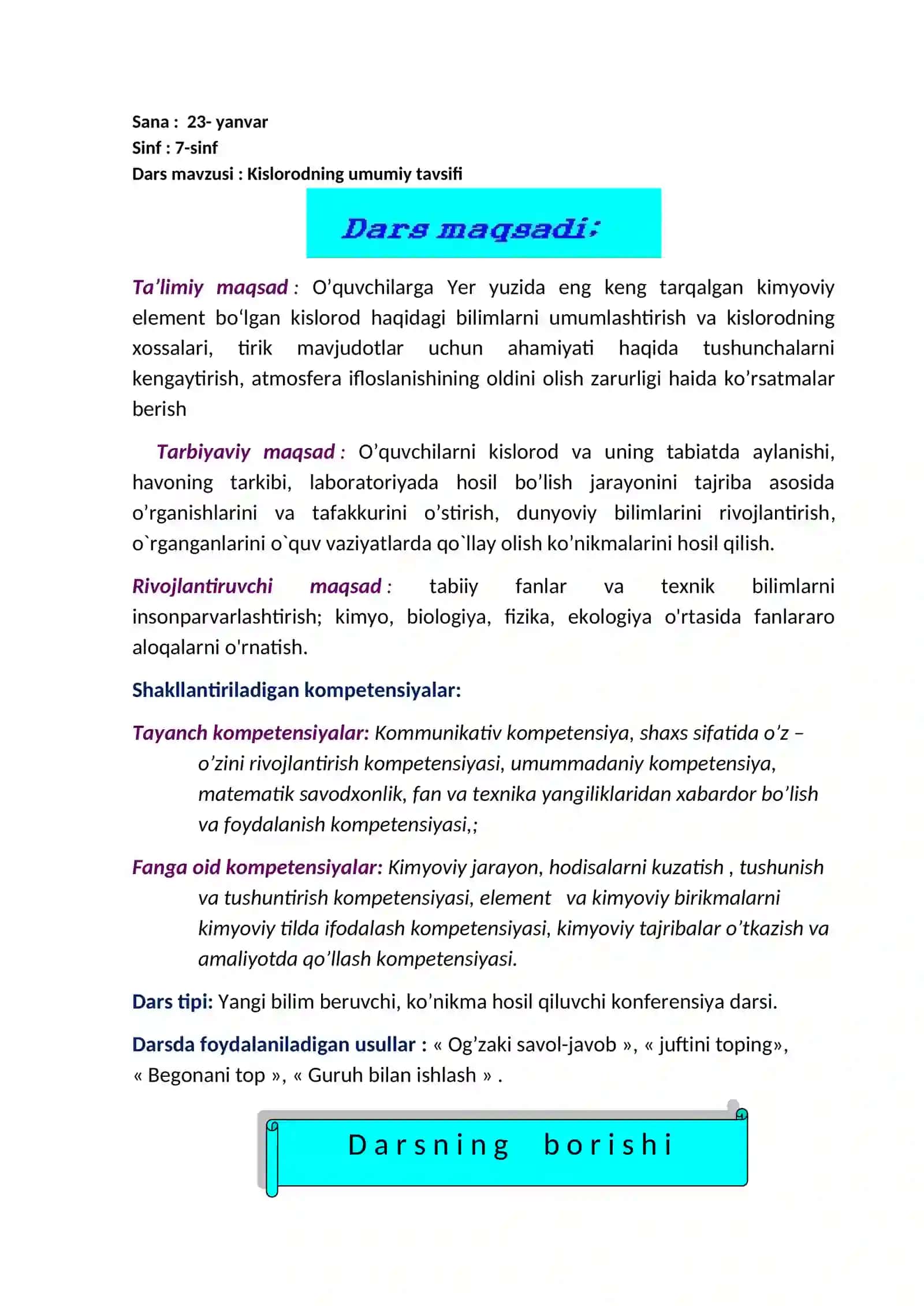 7-sinf Kimyo fanidan Kislorodning umumiy tavsifi ochiq dars ishlanmasi 2