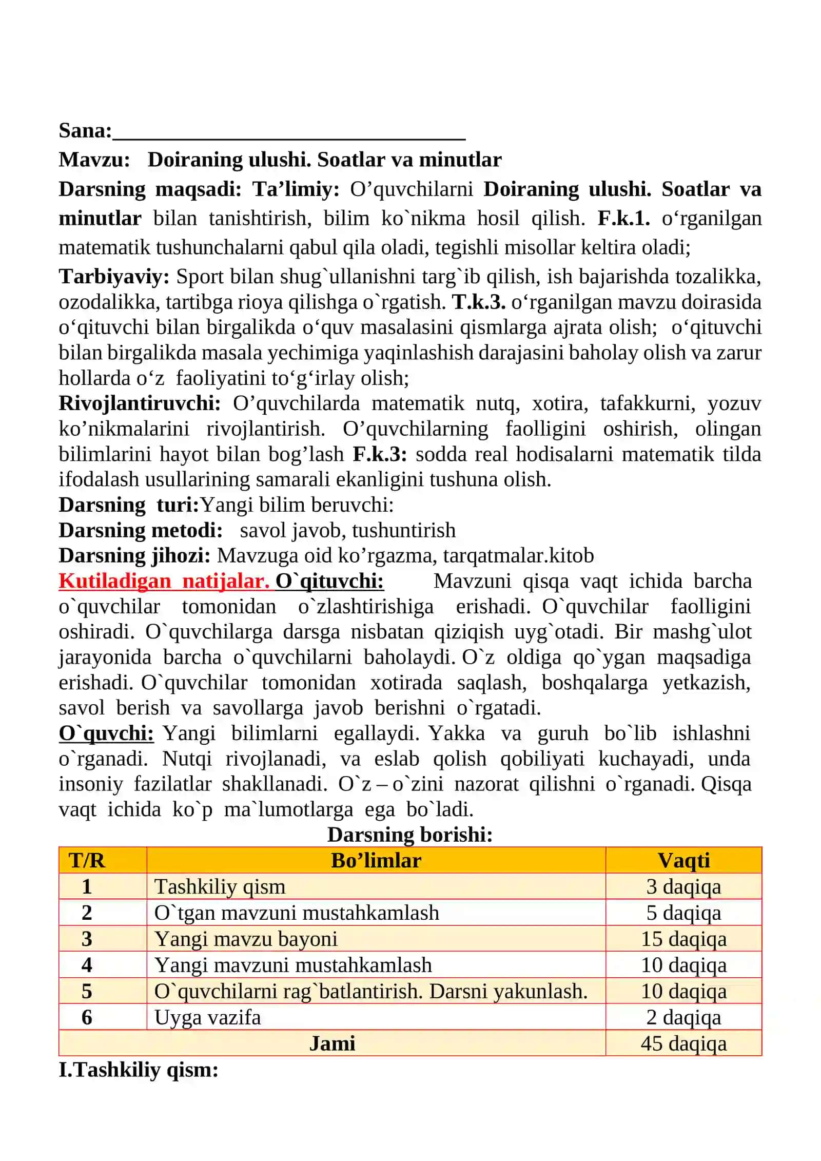 Doiraning ulushi. Soatlar va minutlar mavzusida 3-sinf Matematika fanidan dars ishlanmasi 2
