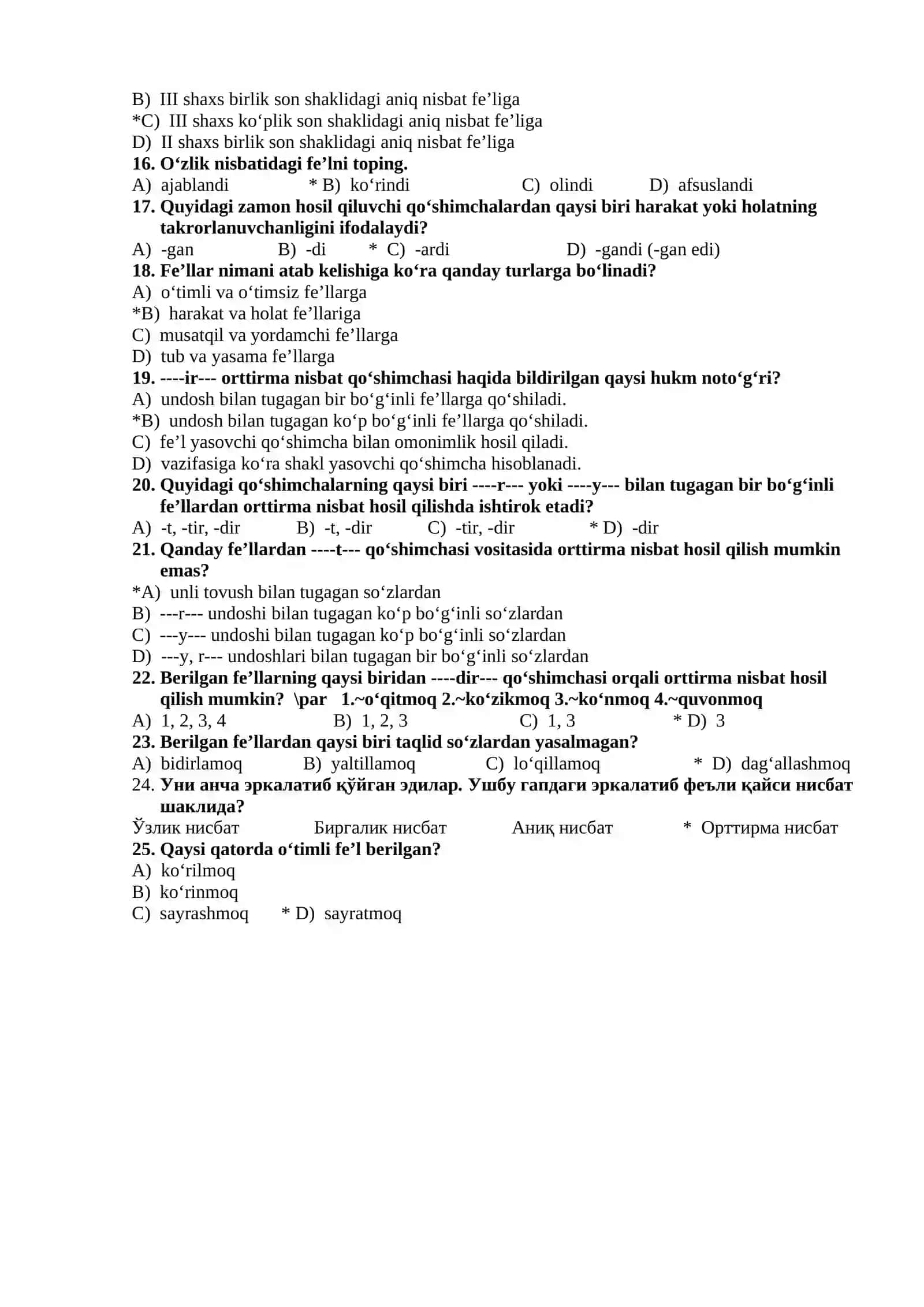 Fe’l (ona tili) testlar 2
