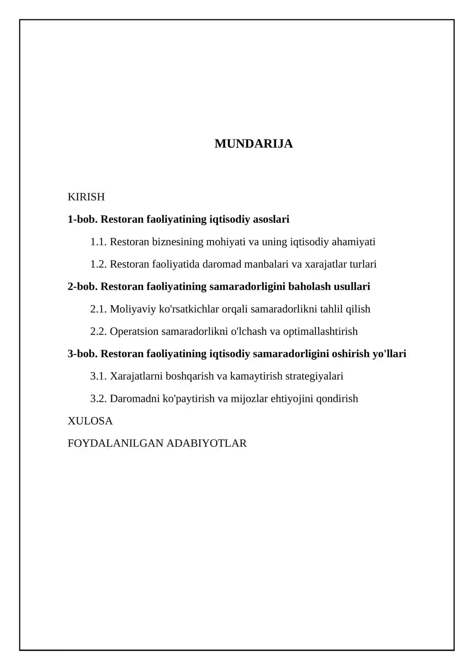 Restoran faoliyatining iqtisodiy samaradorligi 2