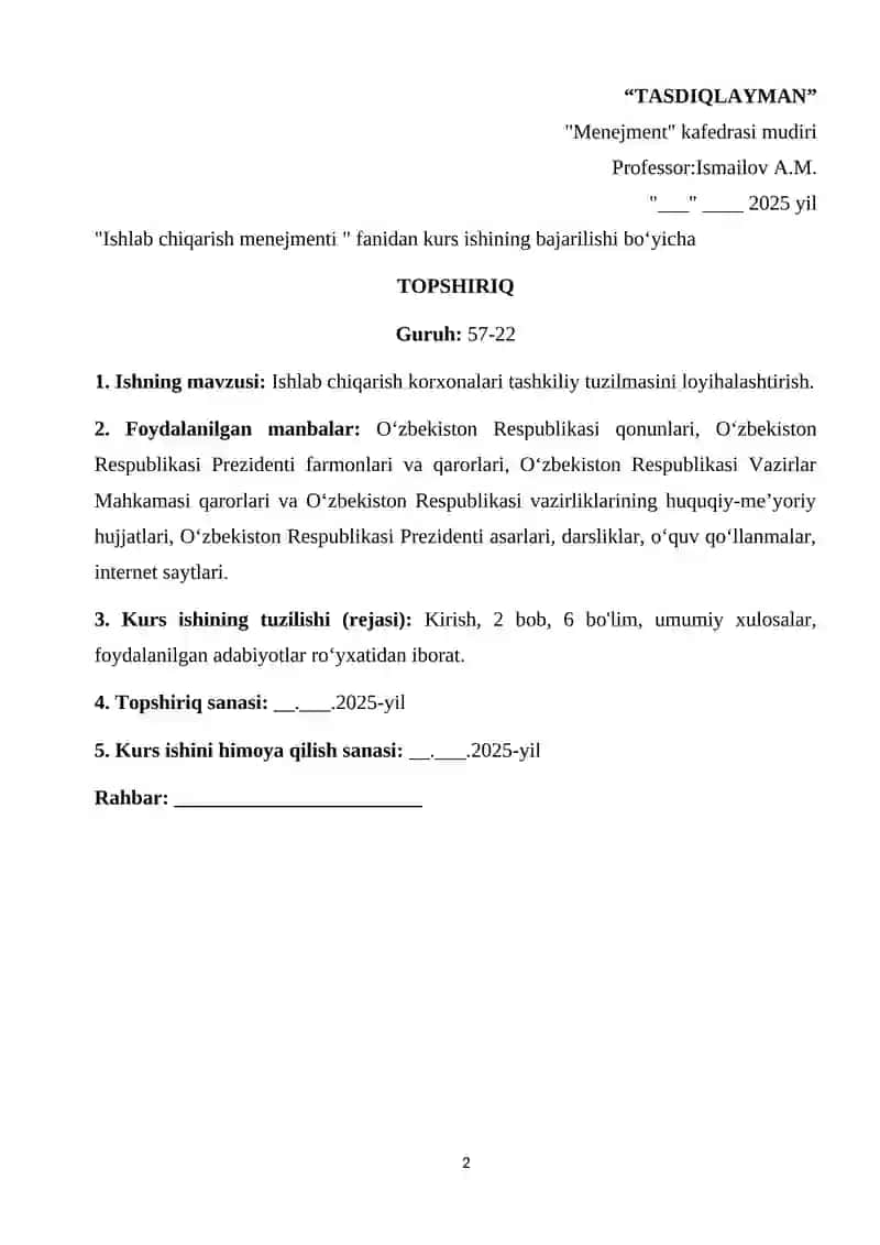 Ishlab chiqarish menejmenti kurs ishi 2