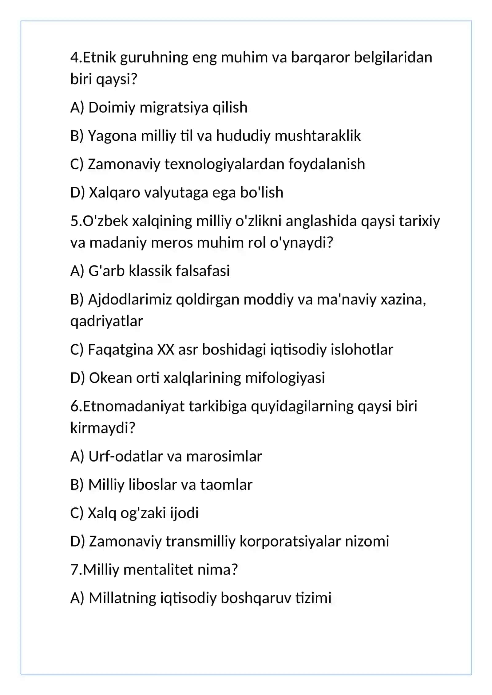 etnomadanyat mavzu yuzisidan test 2