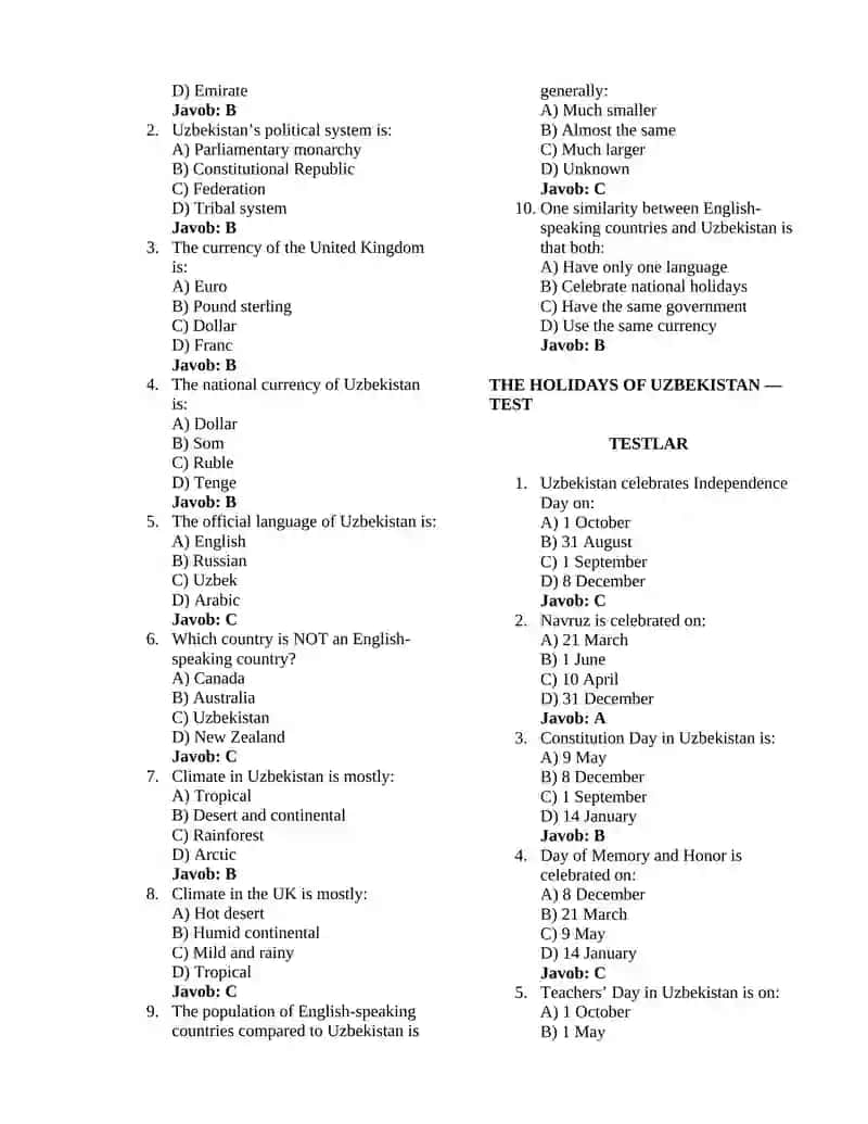 THE HISTORY OF ENGLISH-SPEAKING COUNTRIES TEST 2