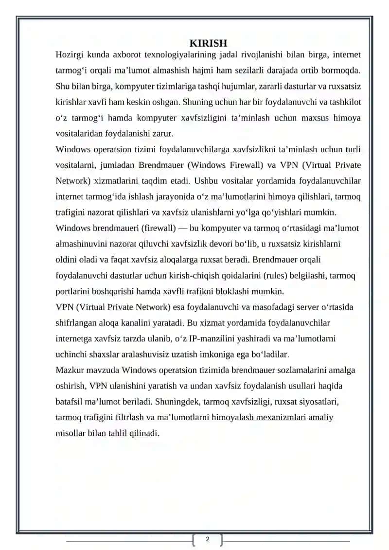 Windows operatsion tizimida tarmoq xavfsizligini ta’minlashning asoslari 2