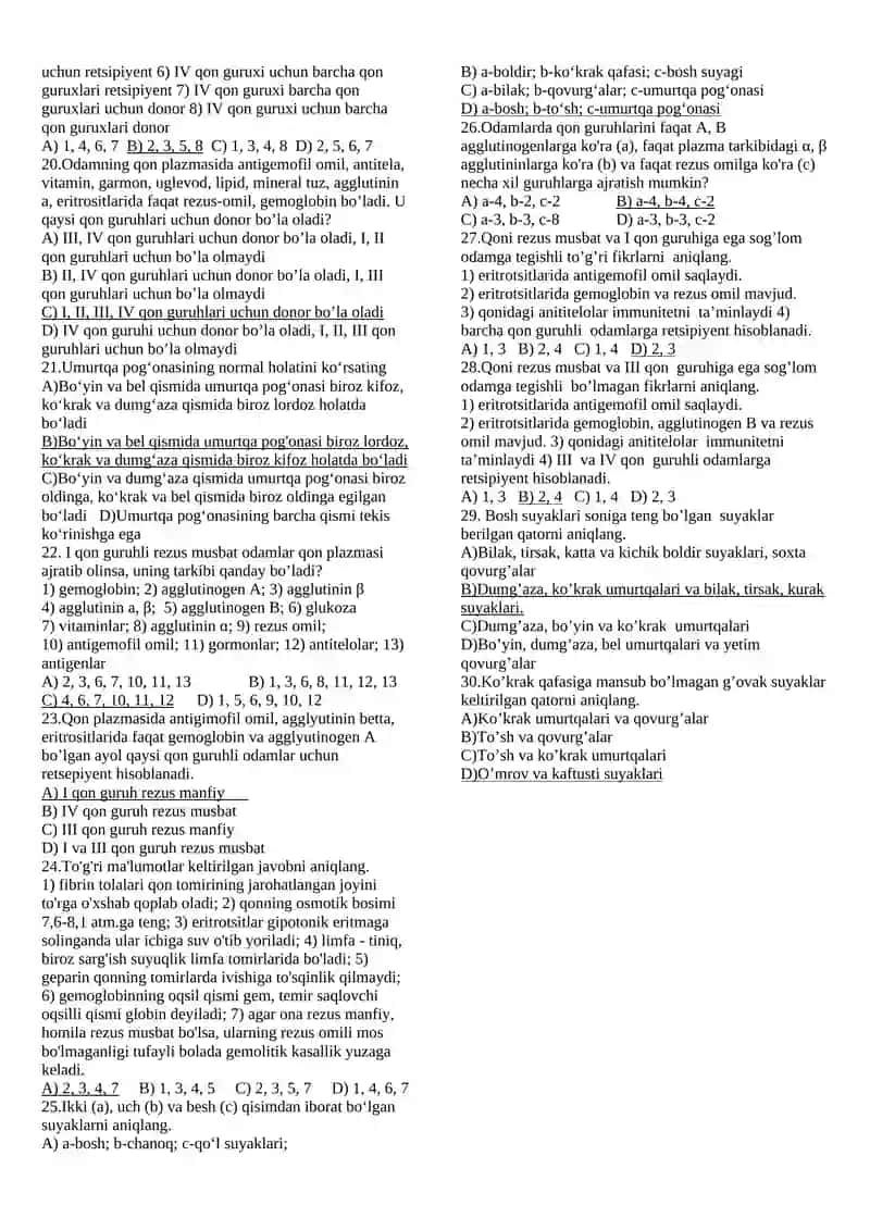 qon mavzusida test Biologiya javobli 2