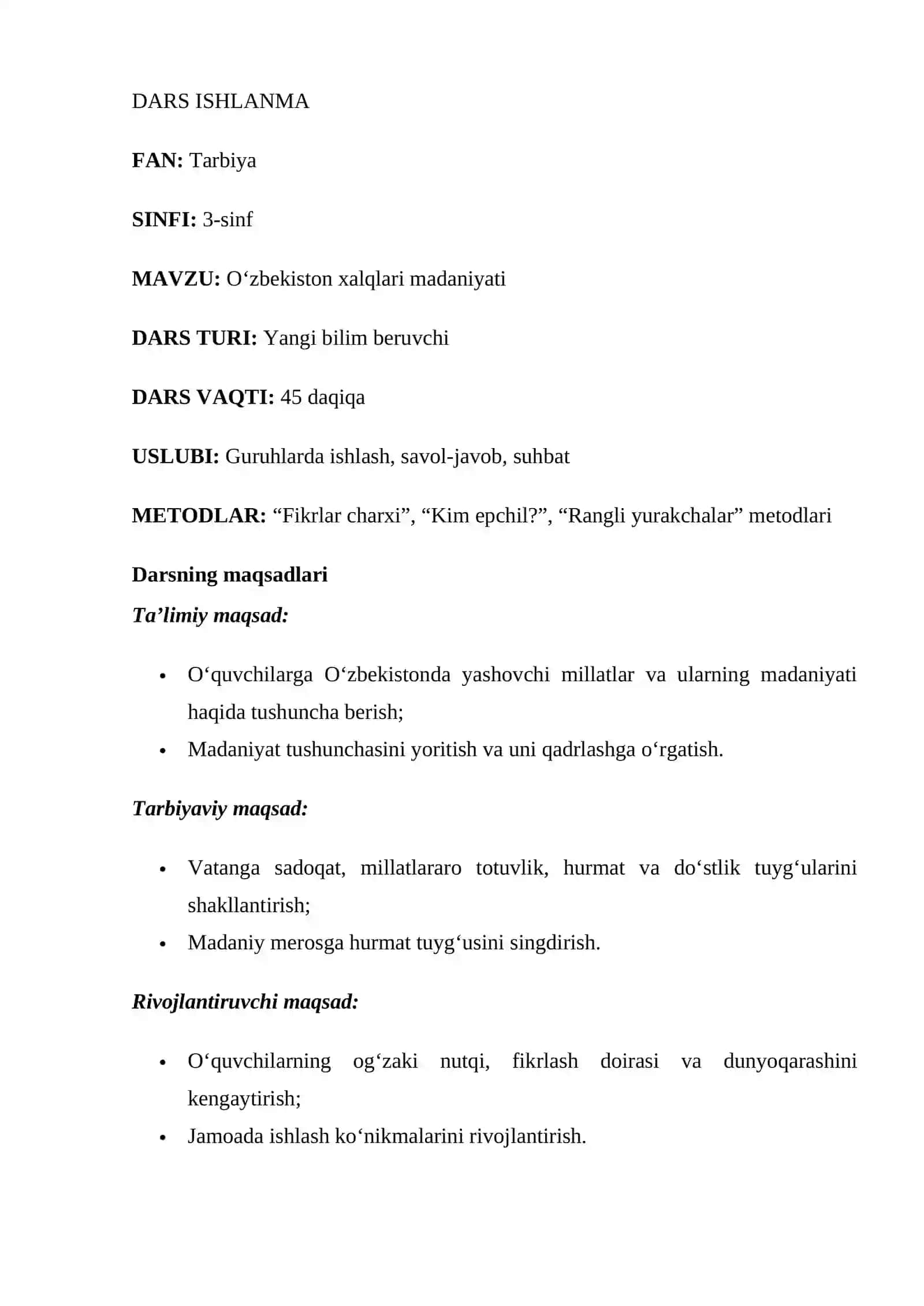 Oʻzbekiston xalqlari madaniyati. 3-sinf tarbiya fanidan 1 soatlik DARS ISHLANMASI 2