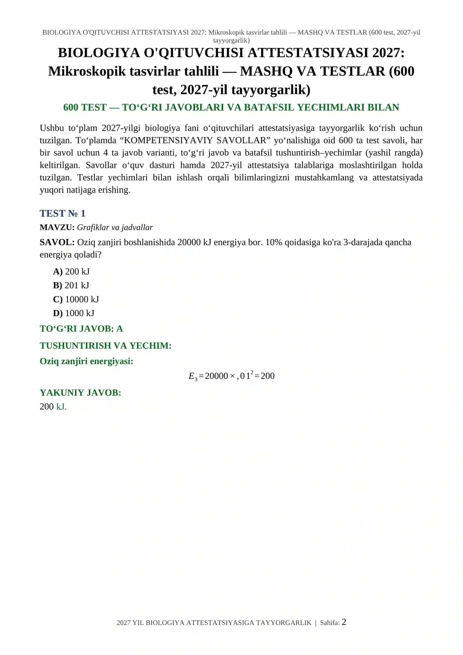 BIOLOGIYA O'QITUVCHISI ATTESTATSIYASI 2027: Mikroskopik tasvirlar tahlili — MASHQ VA TESTLAR (600 test, 2027-yil tayyorgarlik) 2