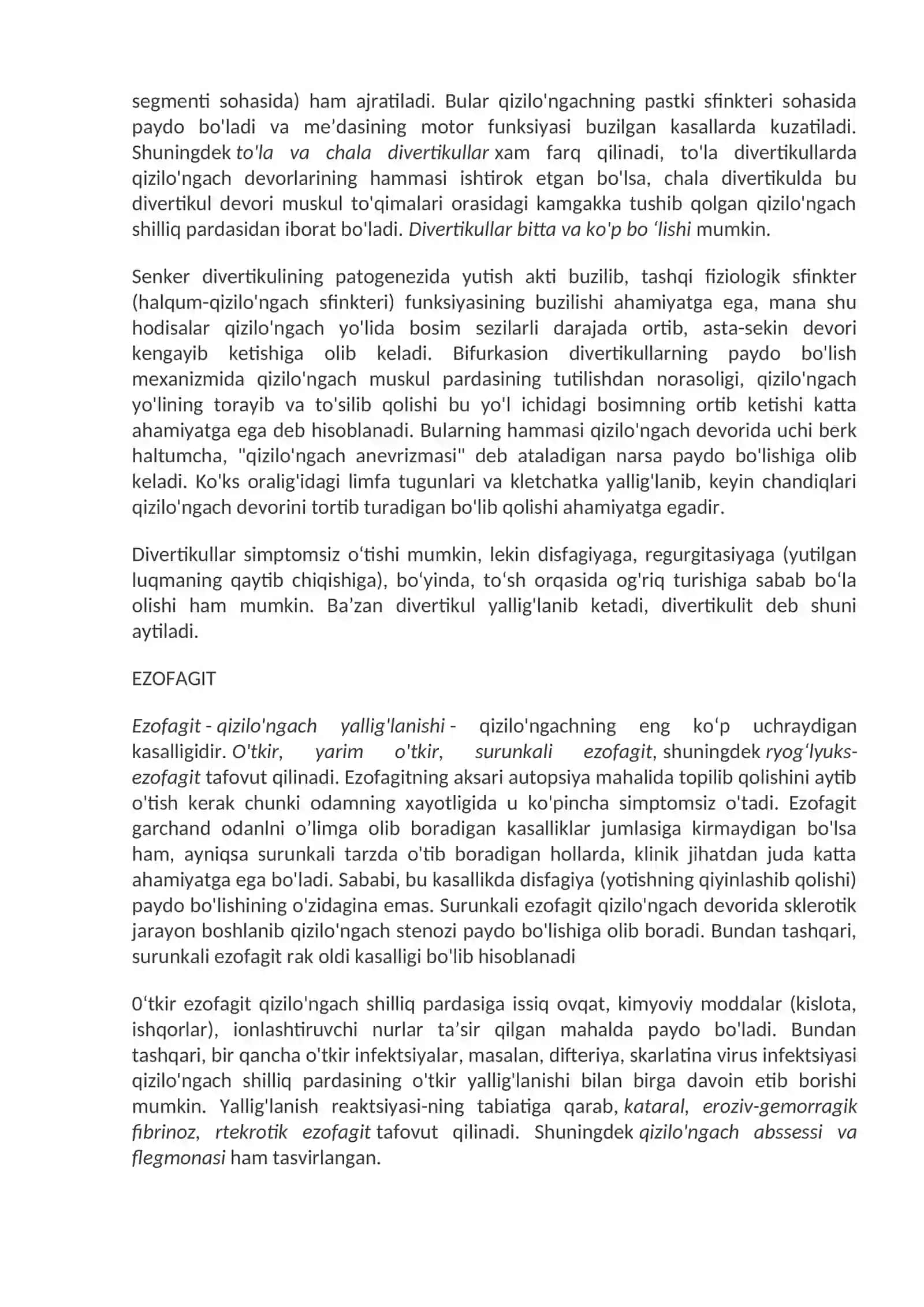 Me’da-ichak yo‘li kasalliklari. Qizilo'ngach kasalliklari 2