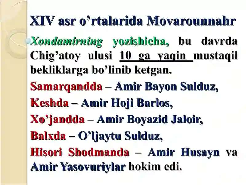 AMIR TEMUR VA TEMURIYLAR DAVRIDA IJTIMOIY-IQTISODIY, SIYOSIY VA MADAANIY HAYOT. 2