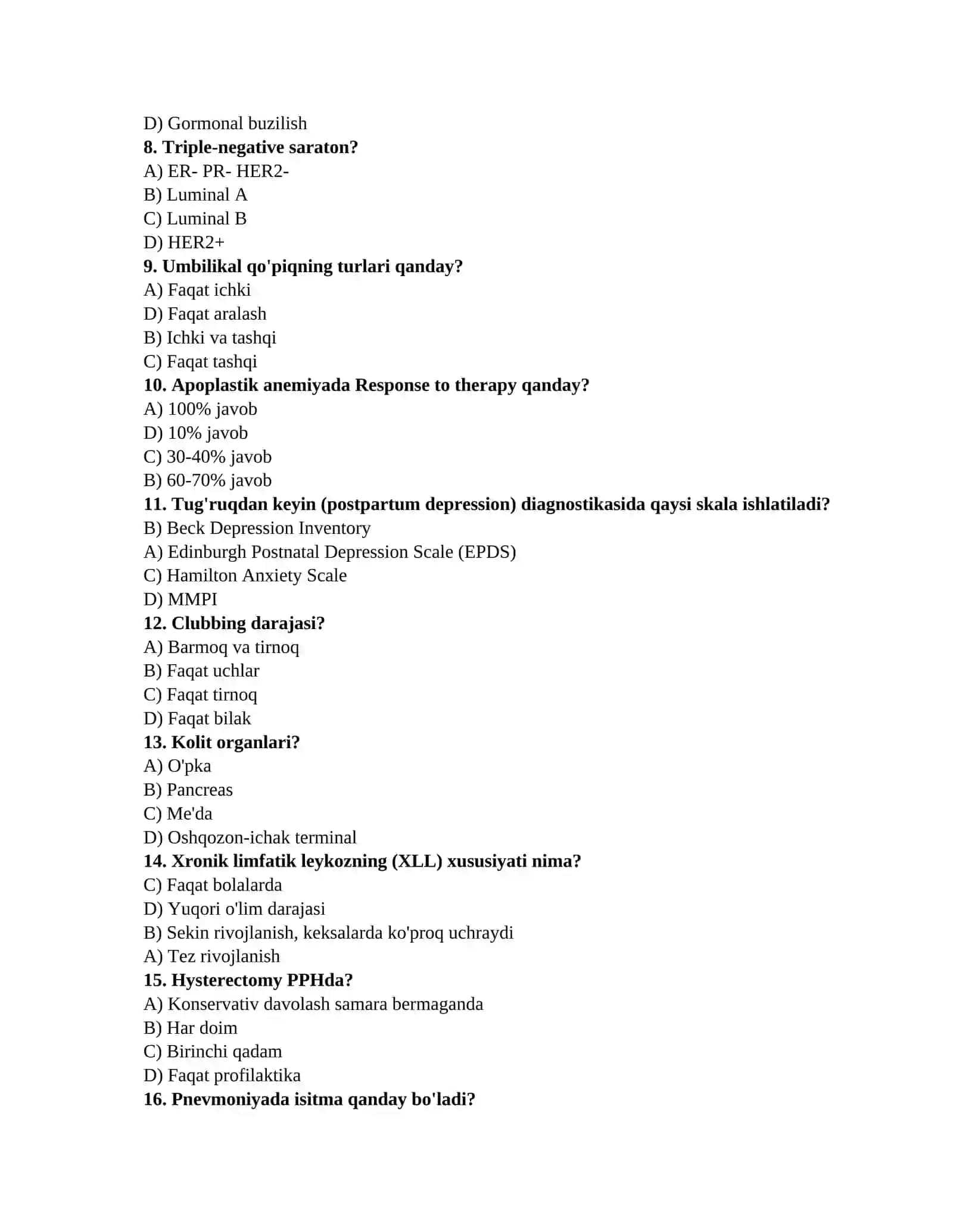 Tibbiyot bo'yicha testlar 2