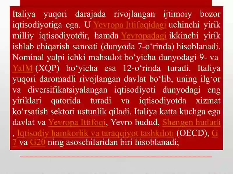 Italiya davlatining iqtisodiy o'sishi 2
