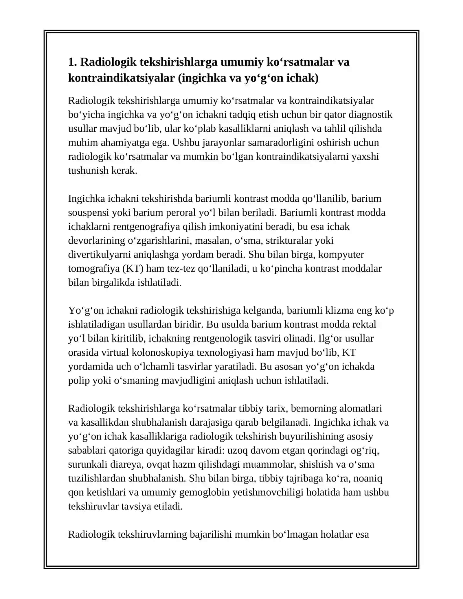INGICHKA ICHAK VA YOʻGʻON ICHAK KASALLIKLARINI RADIOLOGIK TEKSHIRISH USULLARI 2