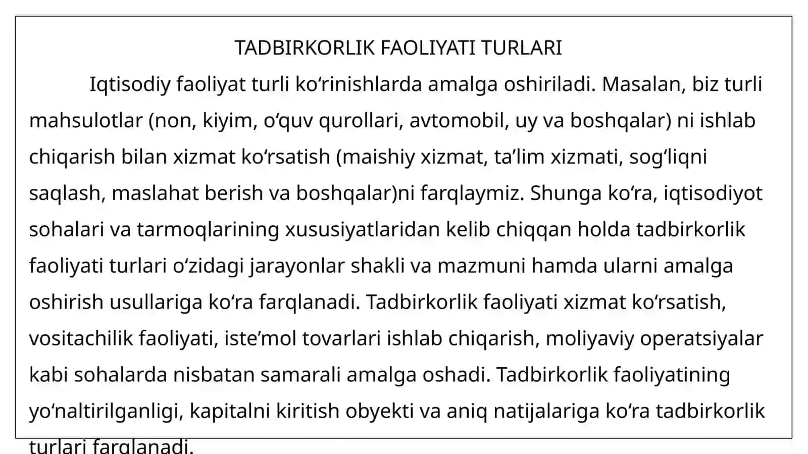 TADBIRKORLIK FAOLIYATI TURLARI 2