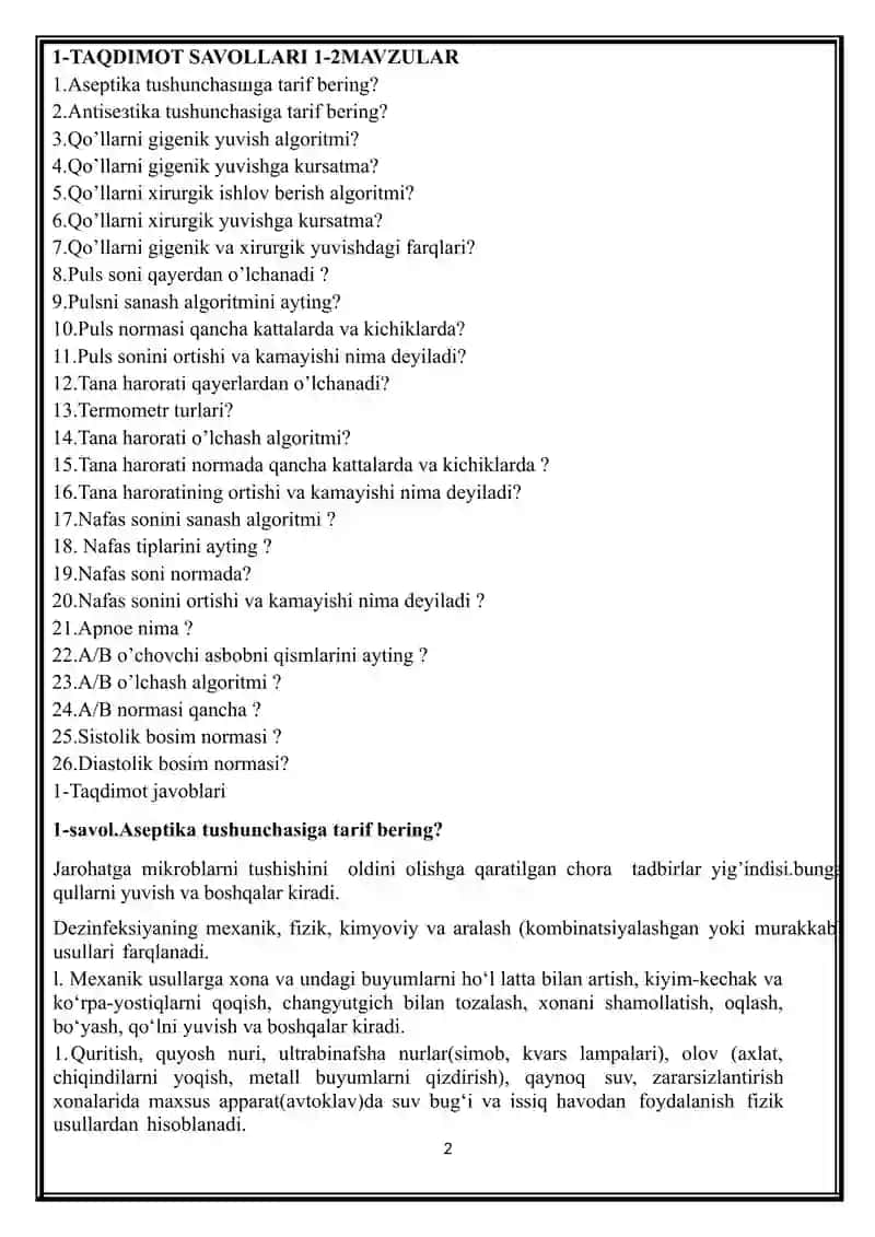 Hamshiralar uchun ish jarayonidagi savol-javoblar to‘plami 2
