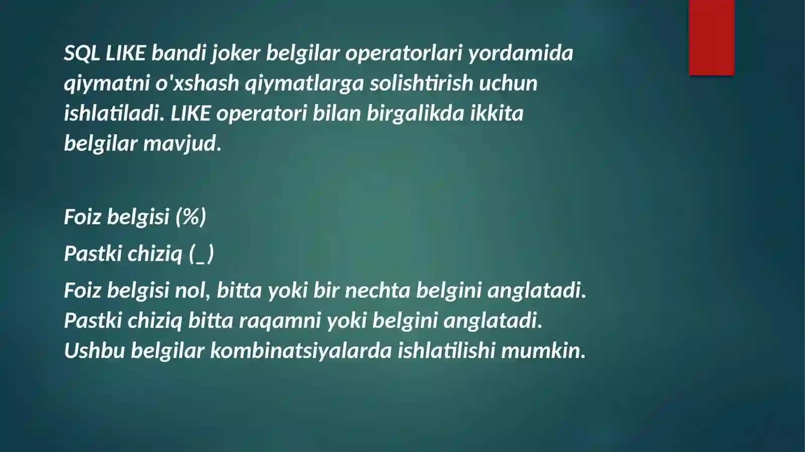 SQL serverda Like, limit bandlari va ularning vazifalari 2
